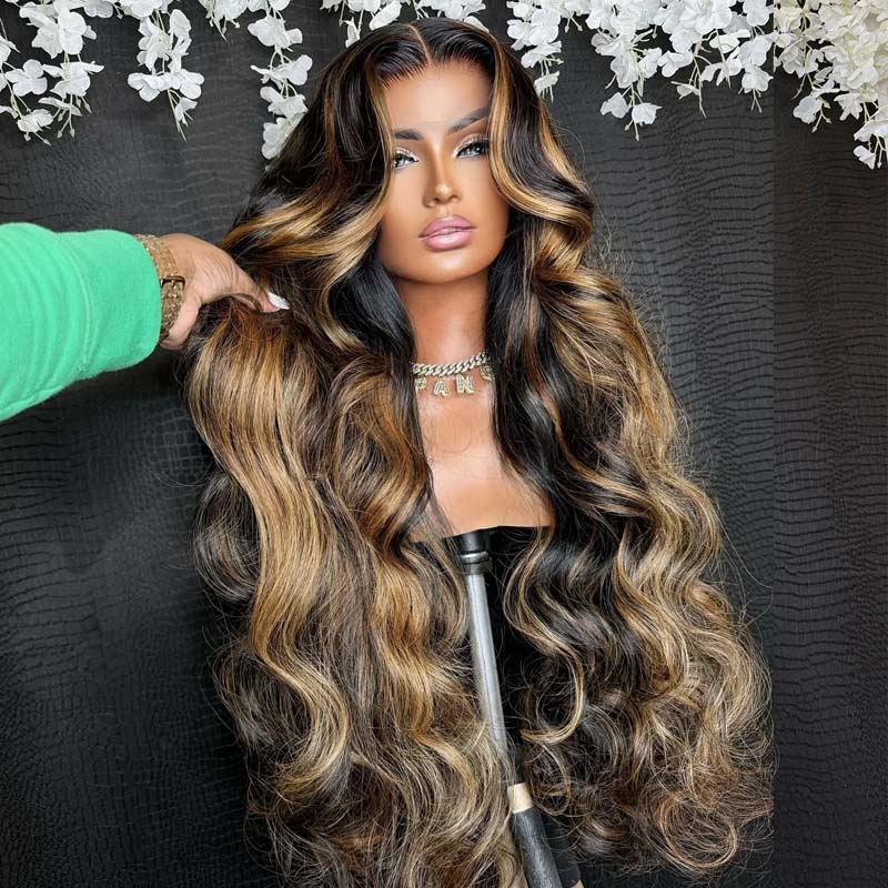 Eullair P1b/Brown Highlight Body Wave Glueless Human Hair Wig - Balayage Colored Lace Frontal Wig for Women | Natural Look for Daily Wear, Parties & Special Occasions
