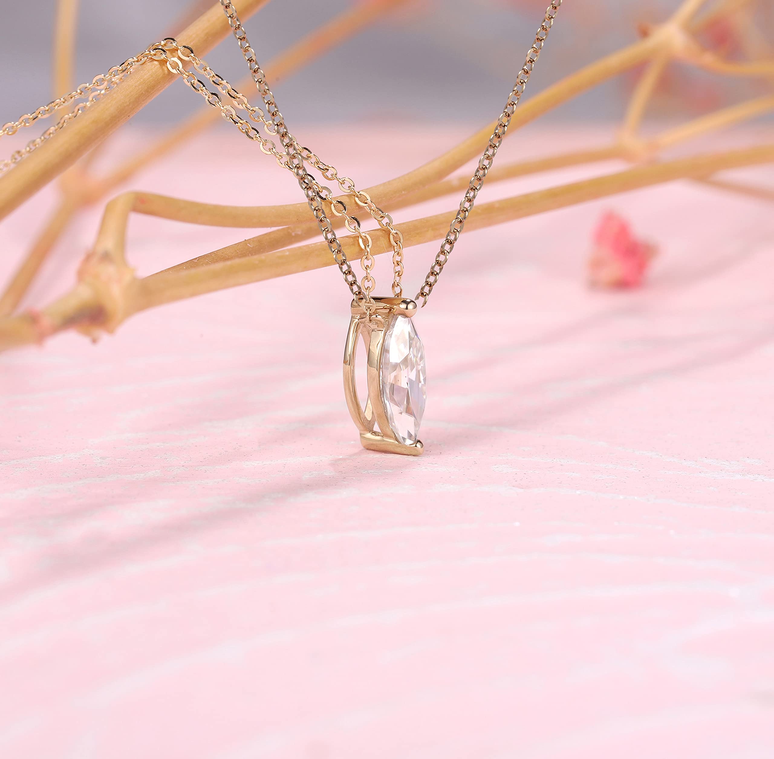 14K Gold Marquise Cut Moissanite Necklace - Floating Diamond Pendant Chain 16.5
