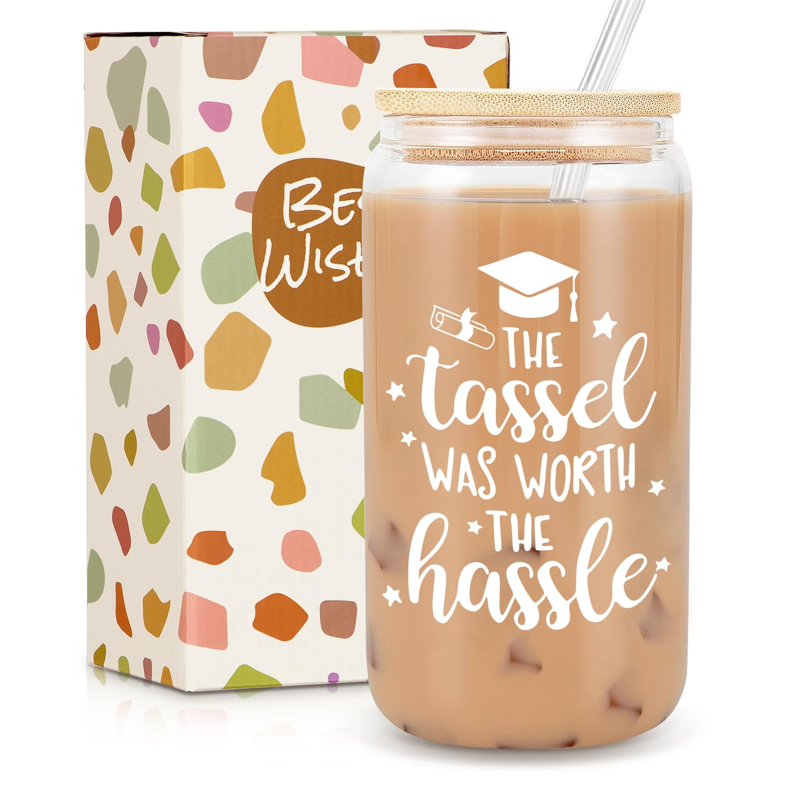 2025 Graduation Gifts for Her - 16oz Inspirational Glass Cup with 'The Tassel Was Worth the Hassle' Quote | Perfect Graduation Decorations for College & High School Students, New Job Congratulations Gift | Great for Dorm Rooms, Office Desks & Graduation Parties