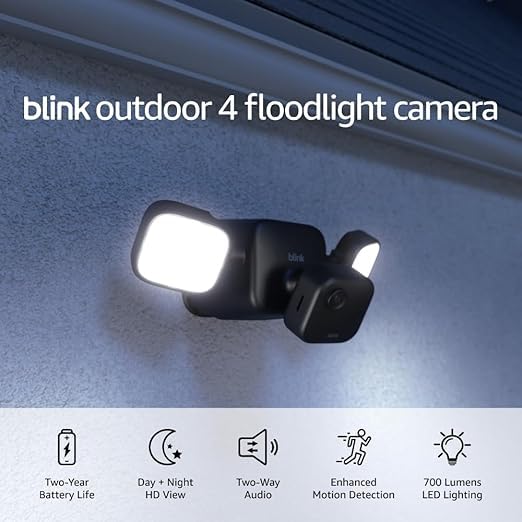 Blink Outdoor 4 Floodlight Camera with 1-Year Subscription – Wireless Smart Security Camera, 700 Lumens, 2-Year Battery Life, HD Live View, Enhanced Motion Detection, Alexa Compatible – Ideal for Home Security, Garage Protection & Backyard Monitoring (1 Camera System)