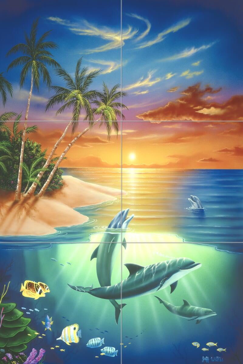 Ceramic Backsplash Tile Mural - Dolphin & Whale Underwater Ocean Scene for Kitchen, Bathroom, Shower Wall Decor - Dolphin Island by Jeff Wilkie - Perfect for Coastal, Beach, and Nautical Themed Home Decor