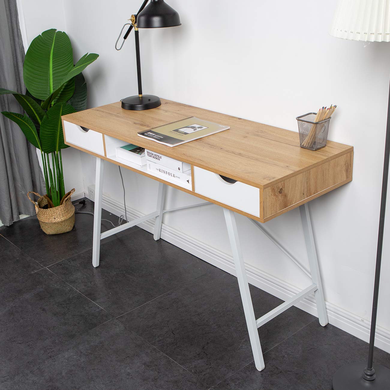 SogesPower 47.2 Inch Modern White Computer Desk with 2 Storage Drawers - Home Office Writing Workstation & Study Table for Small Spaces, Dorm Rooms, and Workspaces