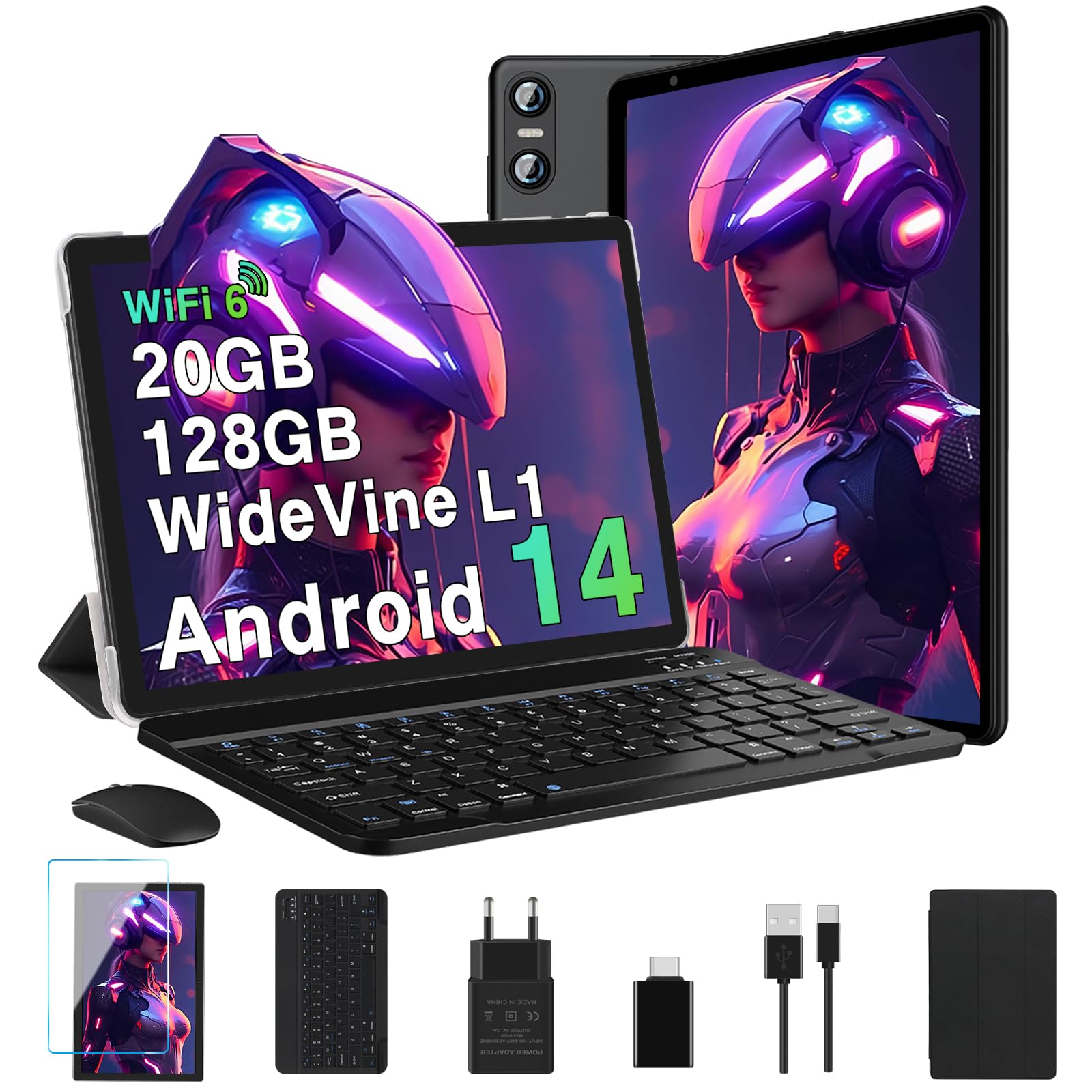 Biegedy 10 Inch Android 14 Tablet - Octa-Core Processor, 20GB RAM + 128GB ROM (Expandable to 512GB), 6000mAh Battery, Dual Camera (5MP+8MP), Bluetooth 5.0, HD Display (1280x800) with Keyboard & Mouse - Perfect for Work, Study, and Entertainment