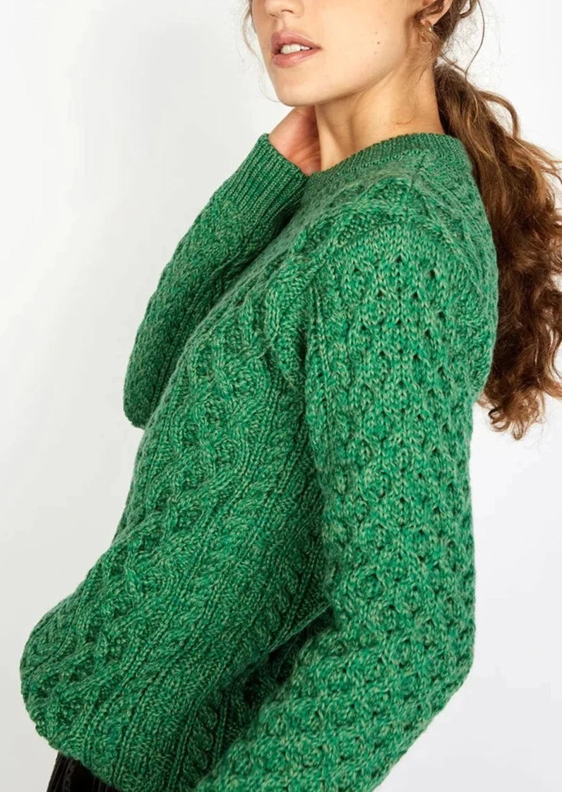 Ireland's Eye Women's Aran Wool Sweater | Green Marl Cable Knit Pullover | Warm Winter Fashion for Casual Outings & Holiday Gatherings