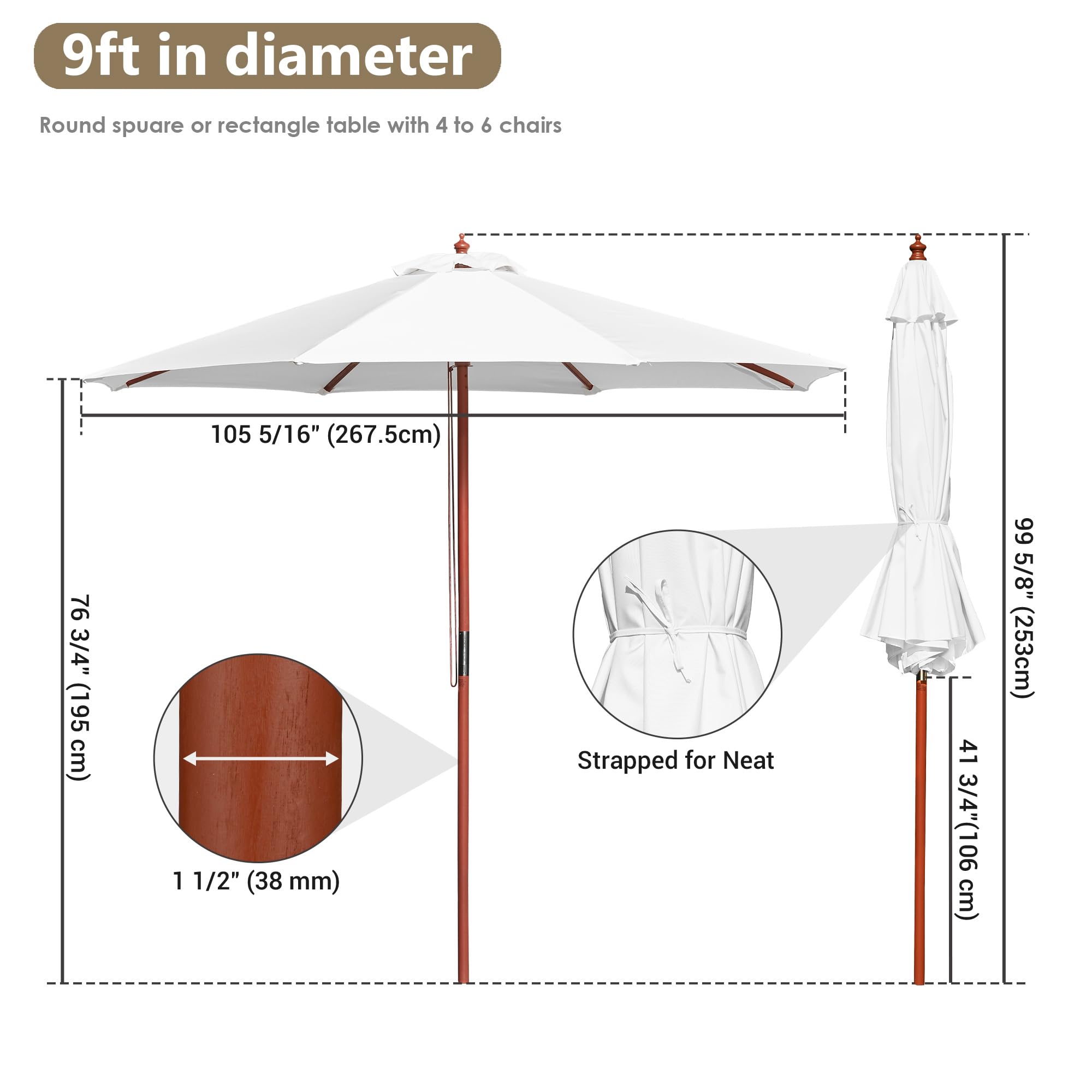 9ft Wood Outdoor Patio Umbrella - Pure White Sun Shade for Garden, Yard, Beach, Deck, Cafe & Wedding Parties - Perfect for Relaxing and Outdoor Entertaining
