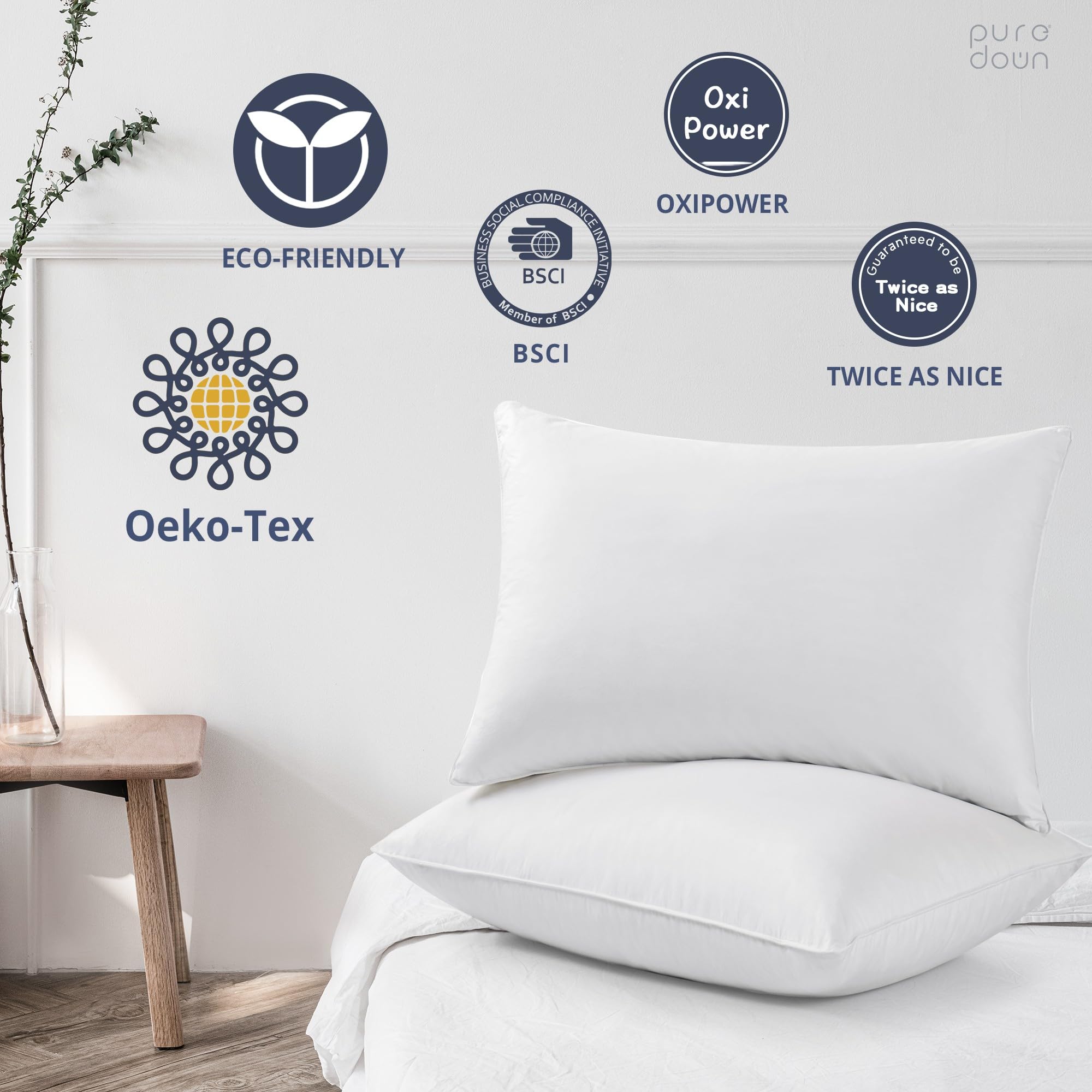 Puredown® 100% Goose Feather & Down Pillows Set of 2 - King Size White with Soft Cotton Cover for Bed, Hotel & Home Use - Luxury Sleeping Pillows for Side, Back & Stomach Sleepers