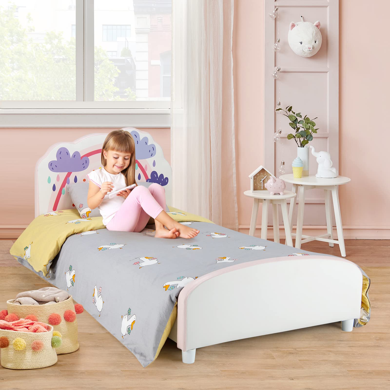 **HONEY JOY Twin Bed Frame for Kids - Sturdy Wooden Platform Bed with Headboard & Slat Support, No Box Spring Needed - Perfect for Boys & Girls Bedrooms - Fits Standard Twin Mattress (Rainbow Design) - Ideal for Toddler Rooms, Sleepovers & Cozy Bedtime Stories**