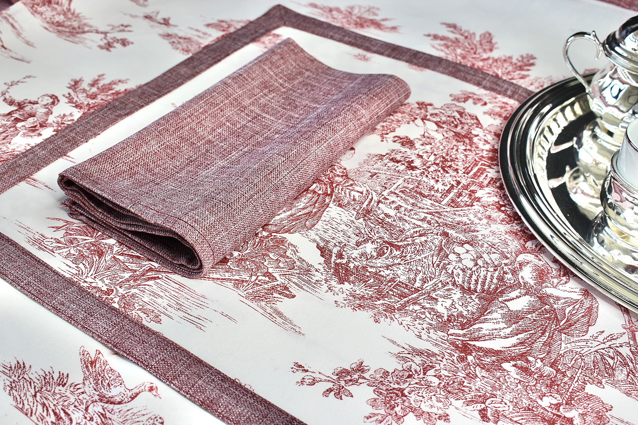 6-Piece Red Toile de Jouy Design Placemats Set - Elegant Table Decor for Dining Room, Kitchen, and Party Settings