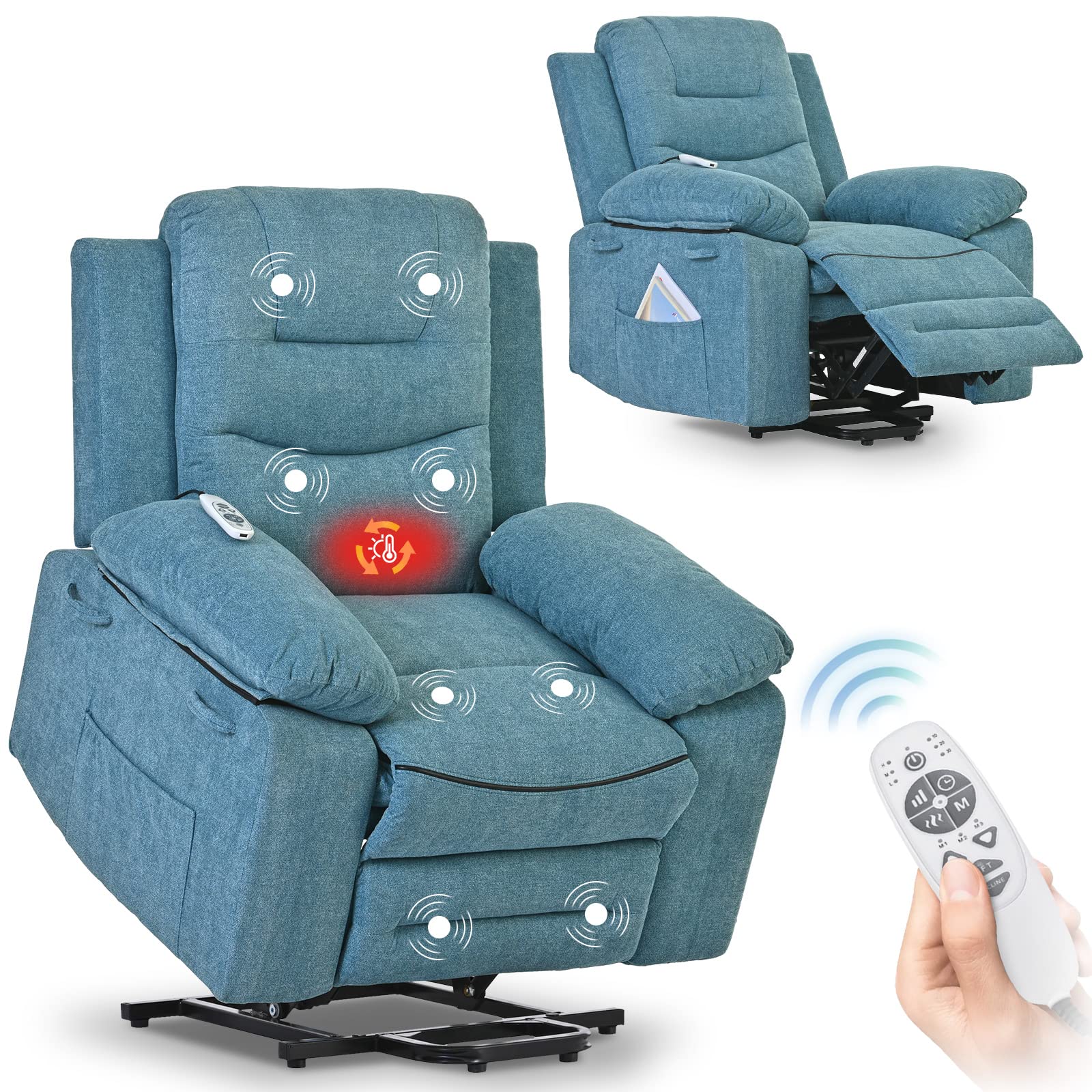 **Power Lift Recliner Chair for Elderly & Adults - Electric Heat & Massage Reclining Sofa with Lift Assist - Comfortable Living Room Furniture Gift for Seniors & Parents (Blue, Linen Fabric) - Perfect for Relaxation, Pain Relief & Mobility Support**
