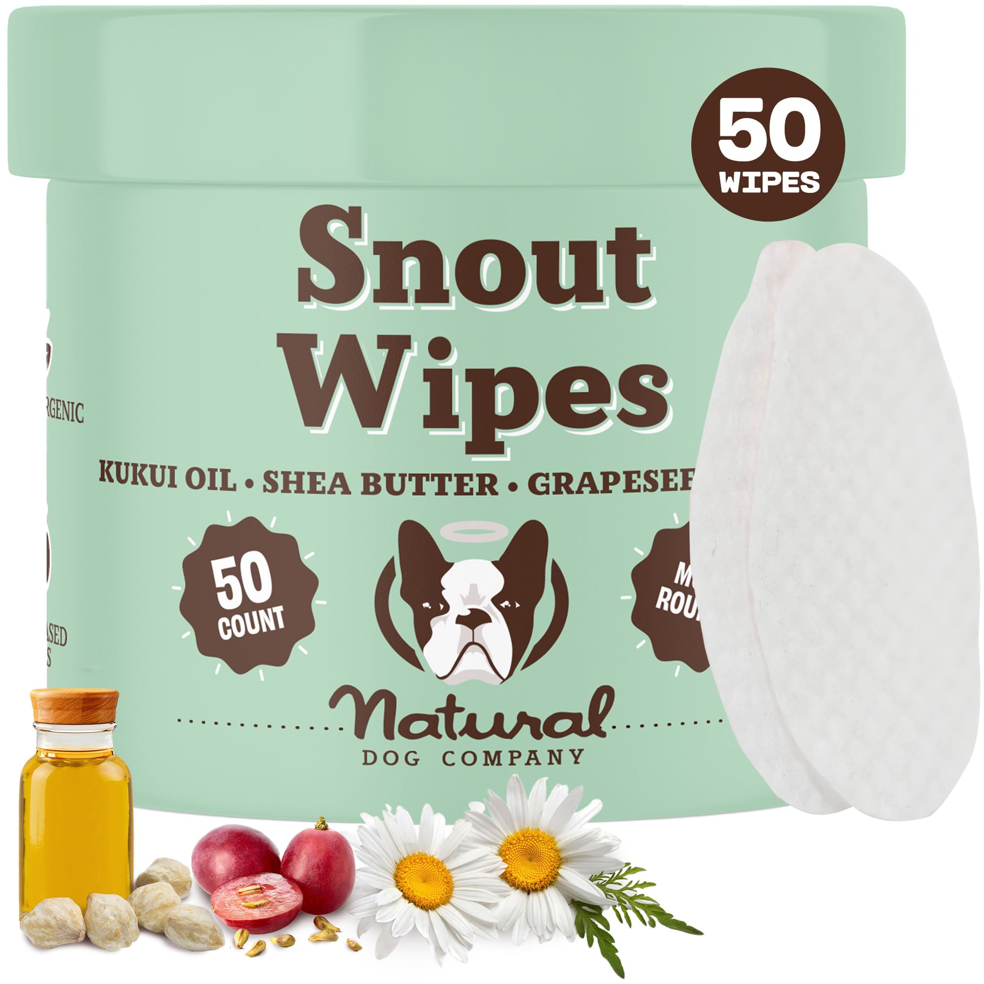 Natural Dog Snout Wipes - 50 Count | Kukui Oil Infused, Non-Toxic & Soothing Wipes for Cleaning & Moisturizing Dog Snouts | Gentle Pet Care for Dry Noses & Daily Hygiene | Perfect for Post-Walk Cleanup & Grooming Routine