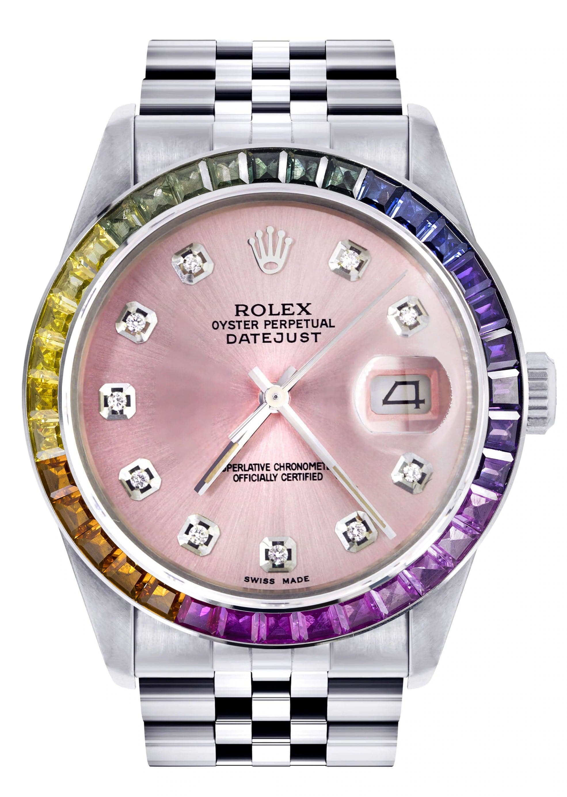 Luxury Diamond Gold Rolex Watch For Men 16200 | 36mm Rainbow Sapphire Bezel | Pink Dial | Jubilee Bracelet | Swiss Made | Perfect for Weddings & Formal Events