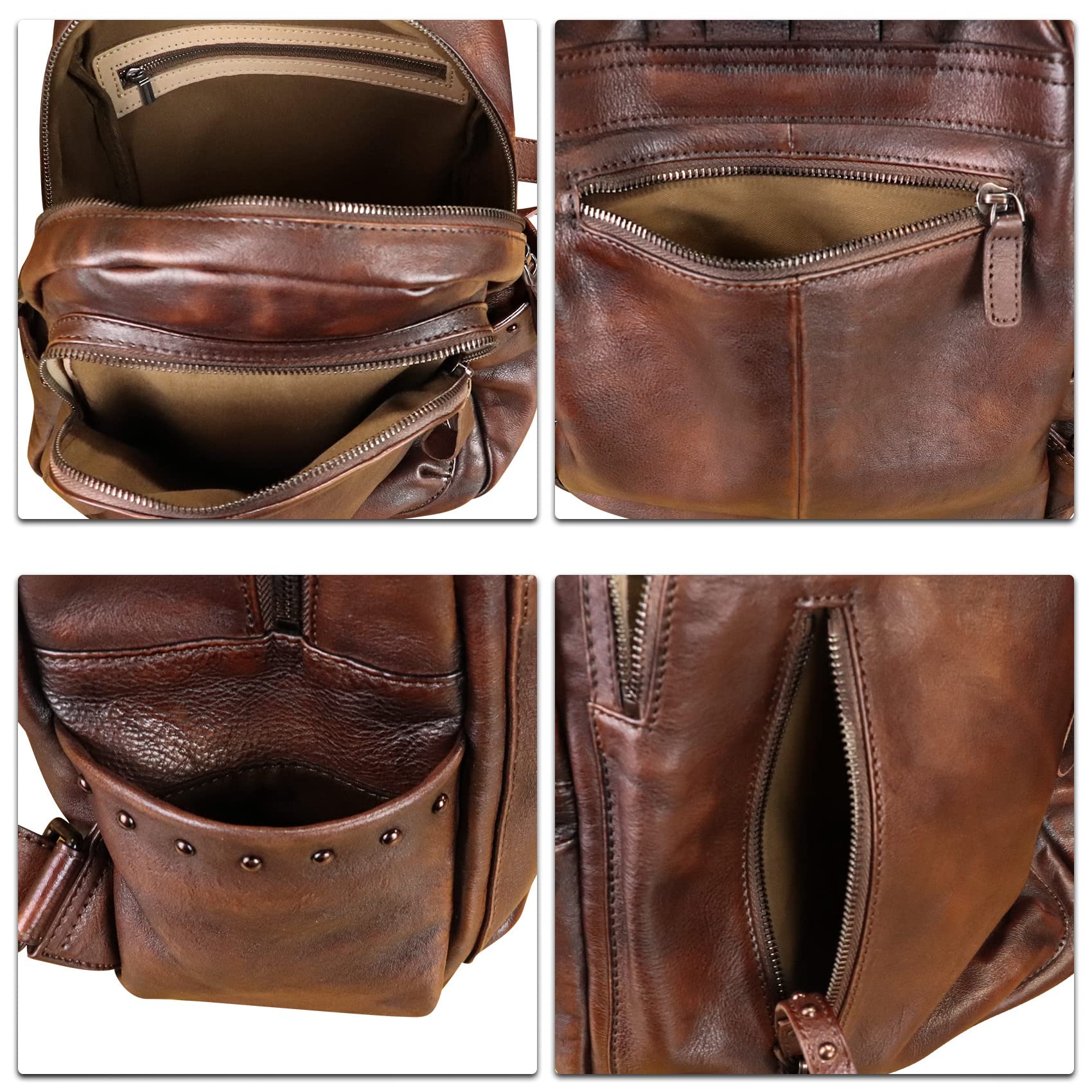 Genuine Leather Backpack Purse for Women - Vintage Cowhide Daypack with Western Rivets, Handmade College Rucksack (Coffee) - Perfect for School, Travel & Casual Outings