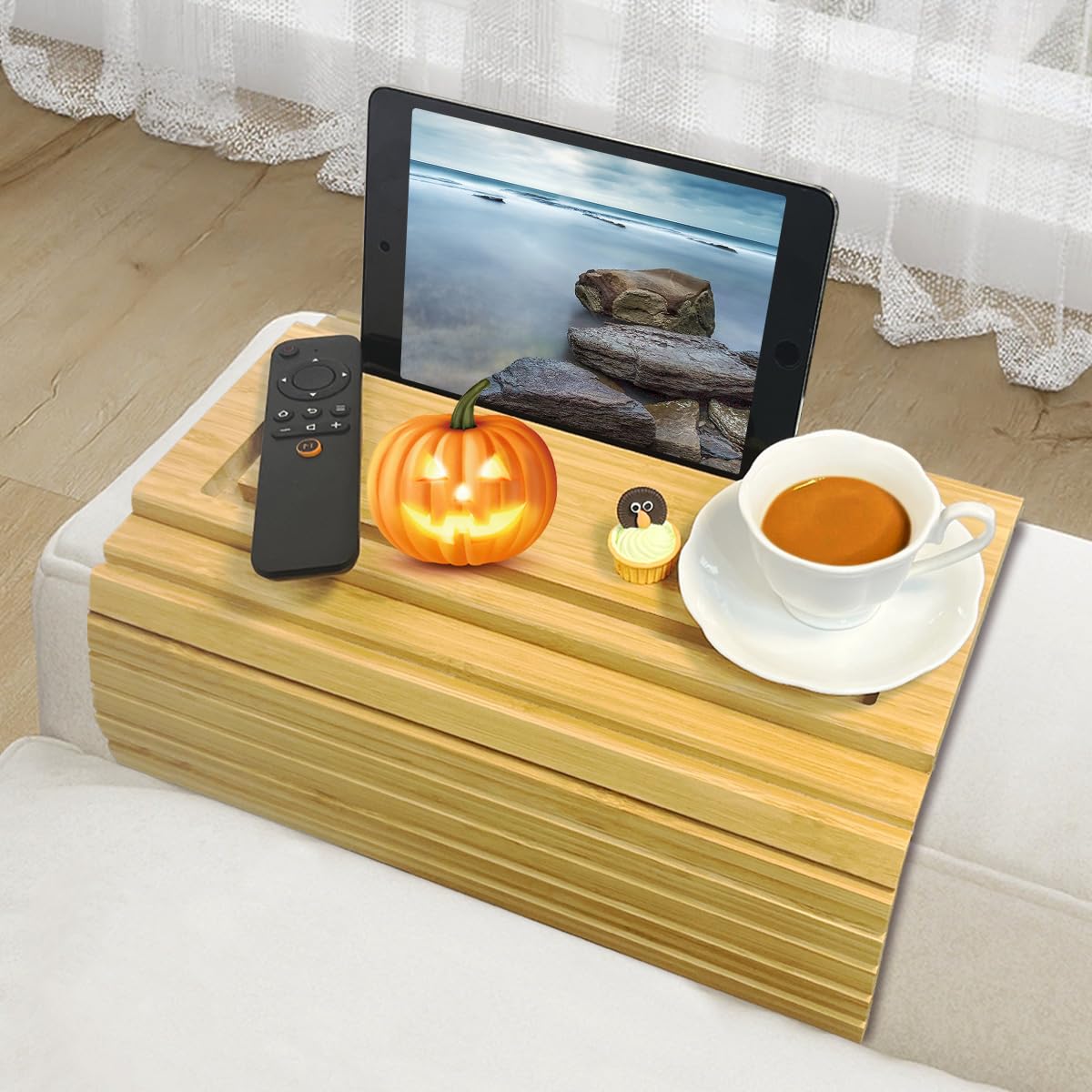 SUYUDSM Bamboo Arm Table - Adjustable Sofa Arm Tray with Phone & iPad Holder, Couch Tray for Living Room - Perfect for Drinks, Snacks, Remote Control - Ideal for Movie Nights, Gaming, and Relaxing on the Couch
