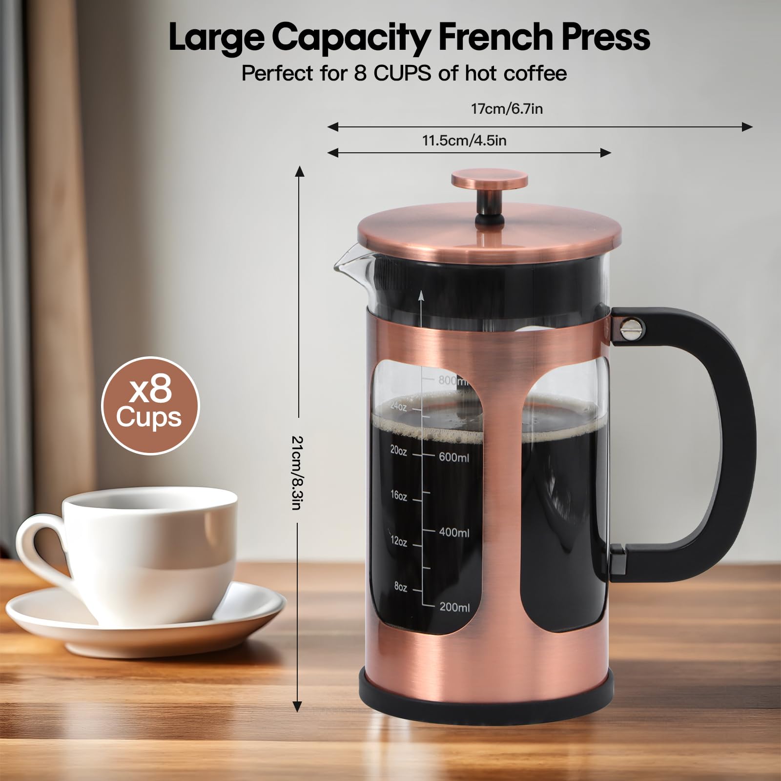 Panana 34oz 1L French Press Coffee Maker - Borosilicate Glass & Stainless Steel (Copper) - Ideal for Hot/Cold Brew Coffee & Tea at Home, Office or Camping