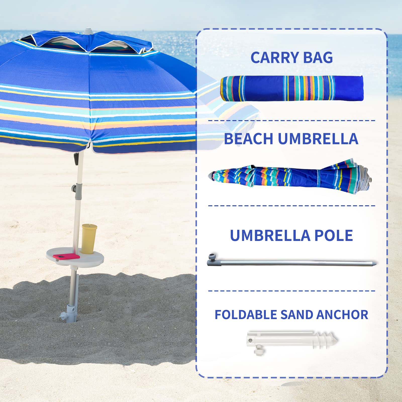 AMMSUN 7ft Heavy Duty Windproof Beach Umbrella with Sand Anchor & Tilt Function, UV 50+ Sun Protection - Portable Outdoor Sunshade for Patio, Garden, Pool, Backyard (Stripe Blue) - Perfect for Beach Trips, Picnics, and Outdoor Relaxation