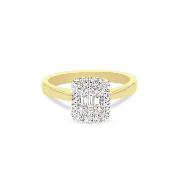 0.25ct Baguette & Round Cut Diamond Halo Engagement Ring in 9K Gold - Perfect for Wedding, Proposal & Anniversary Gifts
