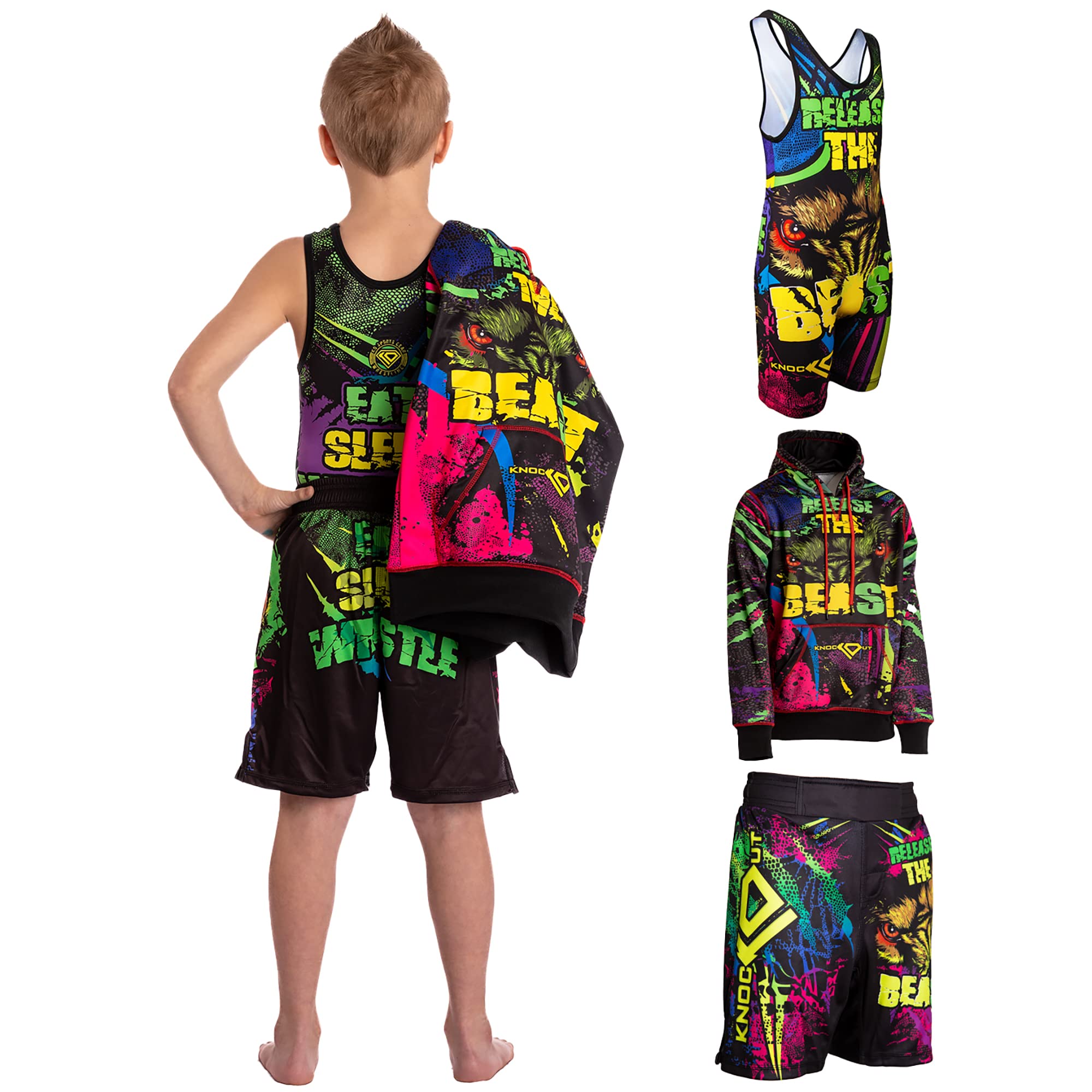 Youth Small Wrestling Kit - Singlet, Hoodie & Shorts Set for Training & Competition | Release the Beast Design | Perfect for Matches, Practice & Team Sports