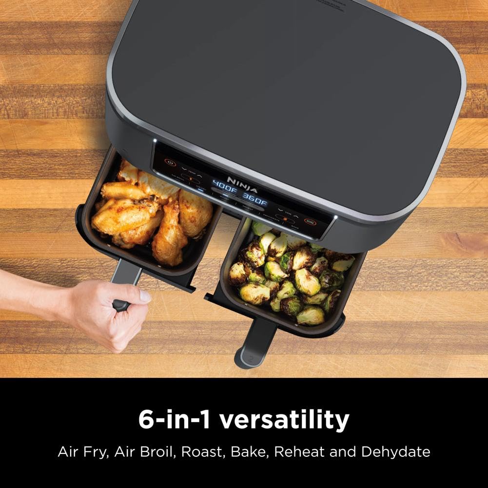Ninja DZ201 Foodi 8 Quart 6-in-1 DualZone Air Fryer with 2 Independent Baskets - Smart Finish, Match Cook, Roast, Broil & Dehydrate - Perfect for Family Dinners, Meal Prep & Healthy Cooking - Grey