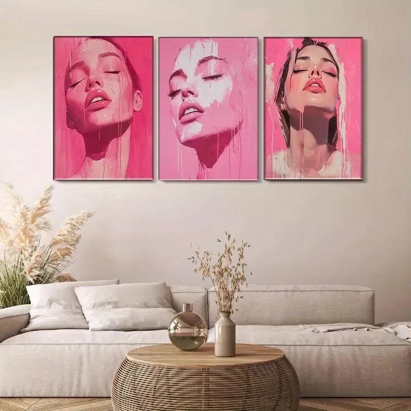3pcs Pink Female Portrait Triptych Wall Art Set - Framed Canvas 40x60cm (16x24in) - High Quality Print - 100% Australian Made - Ready to Hang - Perfect for Living Room, Bedroom & Office Decor