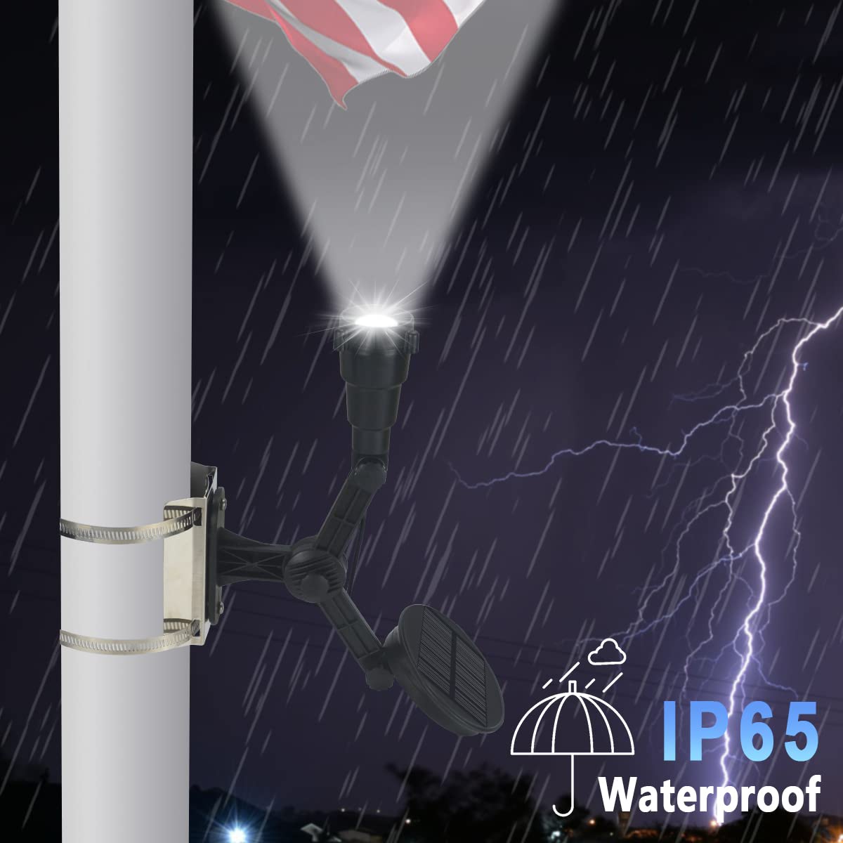 Solar Flag Pole Light - Super Bright LED Spotlight with Adjustable Bracket & Metal Clamp for 2-3.5
