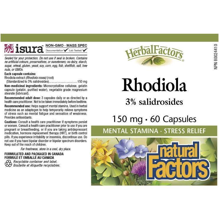 Natural Factors Rhodiola Rosea 150mg - 60 Capsules for Stress Relief, Energy & Mental Focus - Adaptogenic Herbal Supplement for Workout, Study & Daily Stress Support