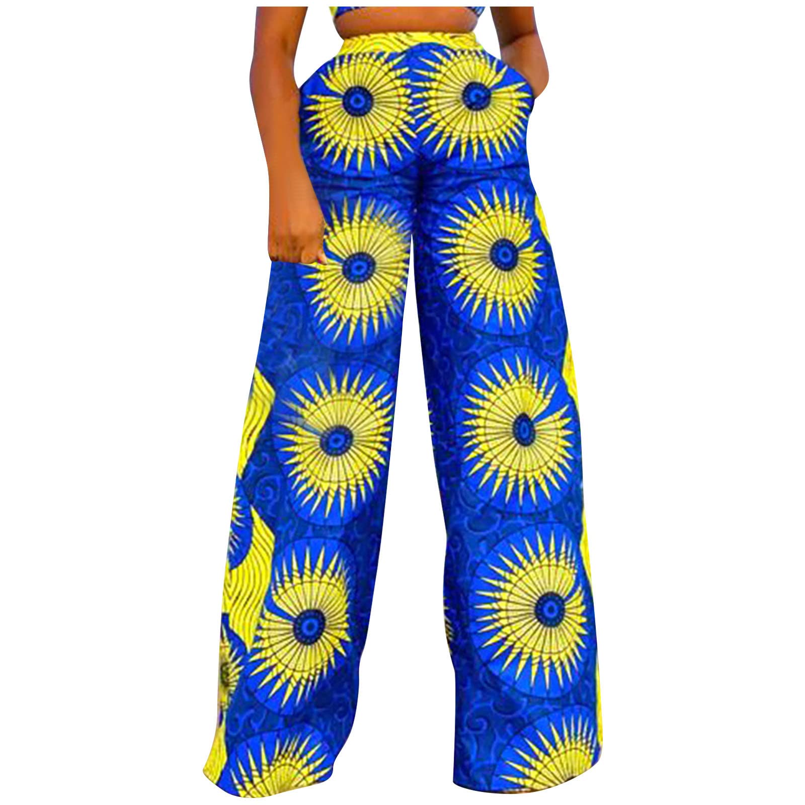 Women's Floral Printed Wide Leg Pants - Mid Waist Elastic Comfortable Palazzo Trousers with Pockets for Casual Wear, Office & Vacation Outfits