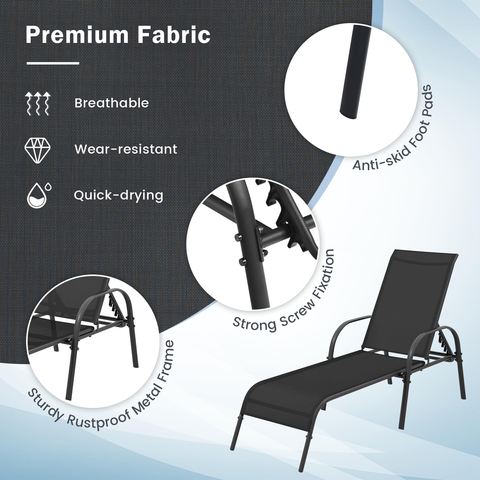 Giantex Adjustable Patio Lounge Chair - 5-Position Reclining Outdoor Chaise with Sturdy Steel Frame - Perfect for Sunbathing, Beach, Poolside, Backyard & Balcony Relaxation - Black