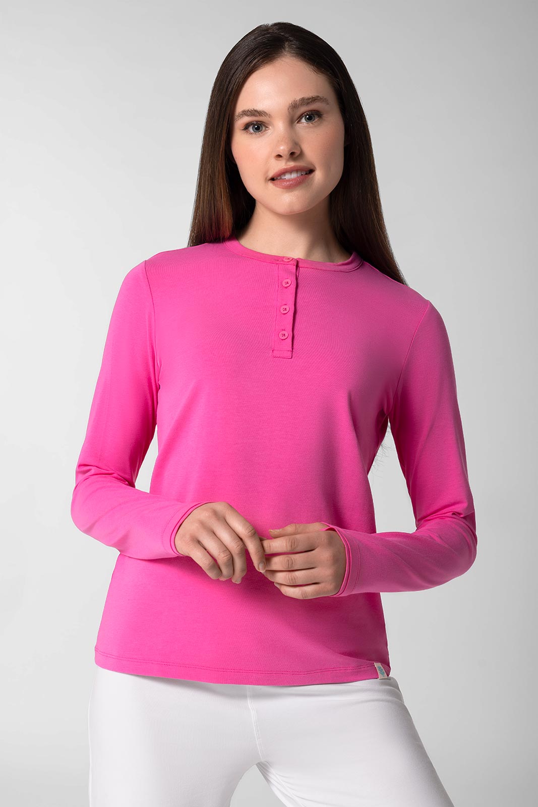 Women's Long Sleeve Henley Top - Soft Tulip Pink Cotton Shirt for Casual Wear & Layering | Perfect for Fall Outfits, Date Nights & Weekend Errands