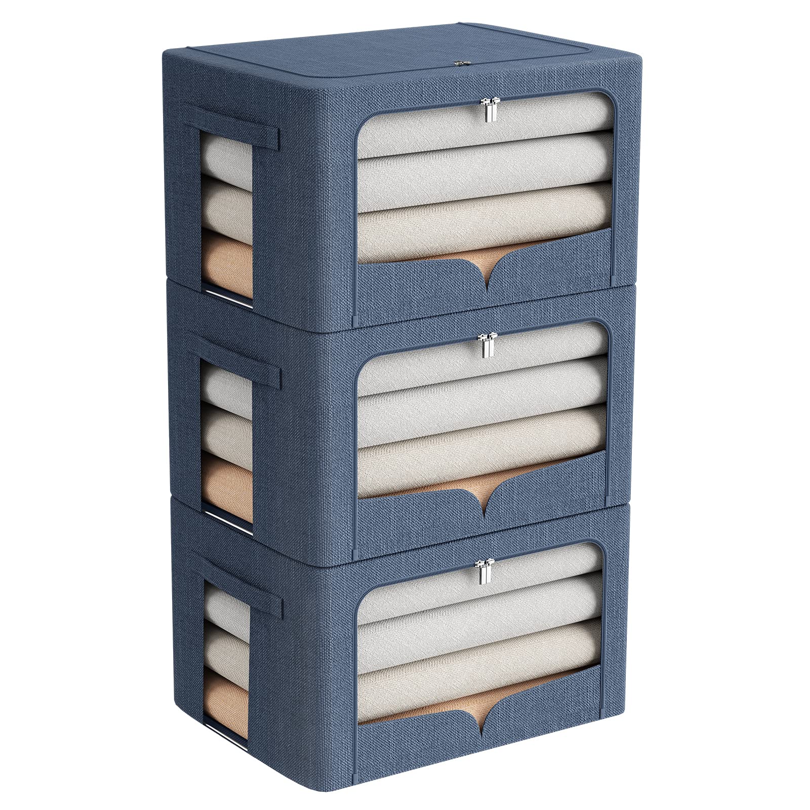 3 Pack Foldable Metal Frame Storage Bins - Stackable Linen Fabric Clothes Organizer with Clear Window & Handles (Blue, 15.7x11.8x11.8in, 36L) - Perfect for Closet, Bedroom, Nursery & Laundry Room Organization