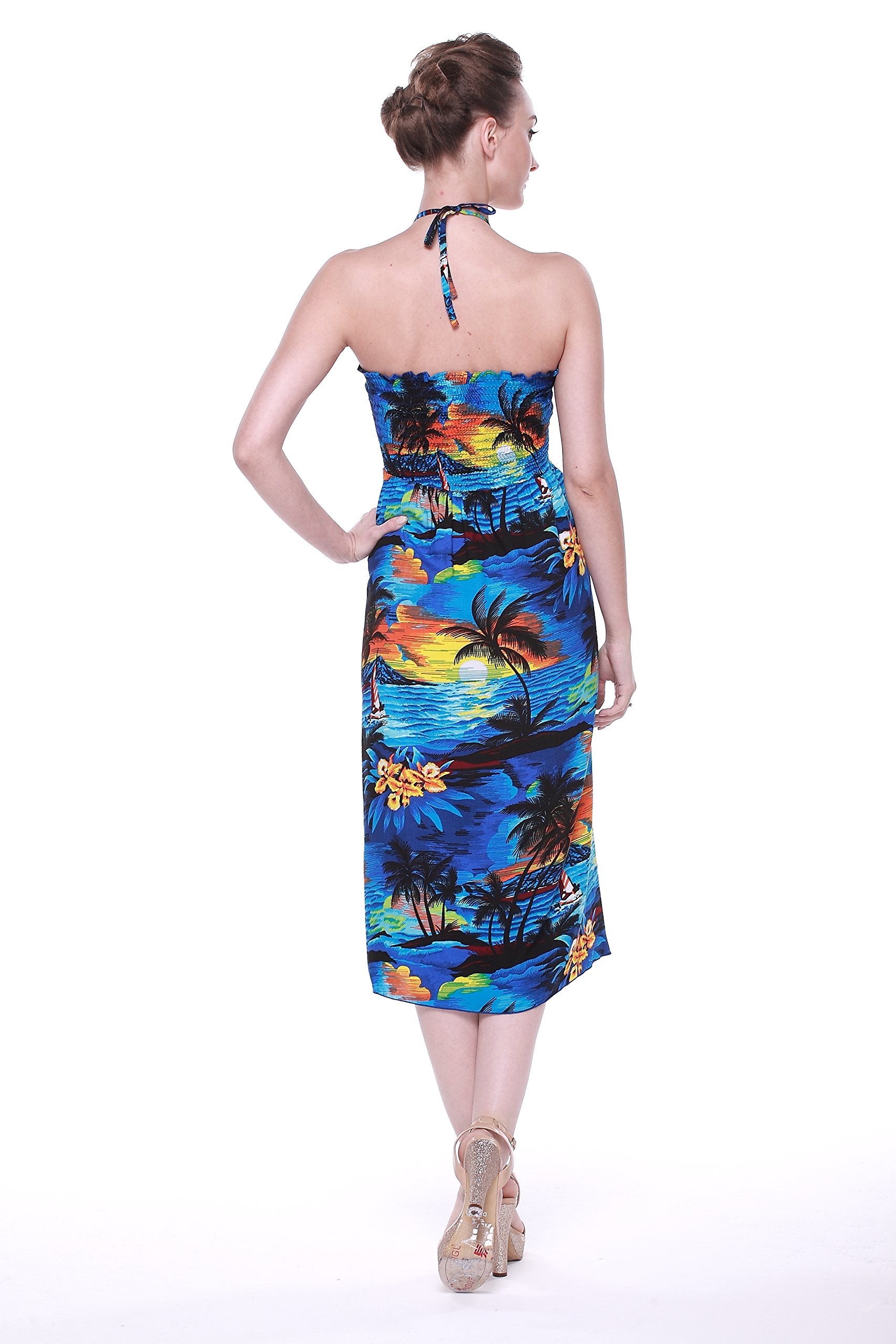 **Couple Matching Hawaiian Luau Party Outfit Set - Tropical Sunset Blue Shirt & Dress for Beach Vacation, Summer Party, and Theme Events**