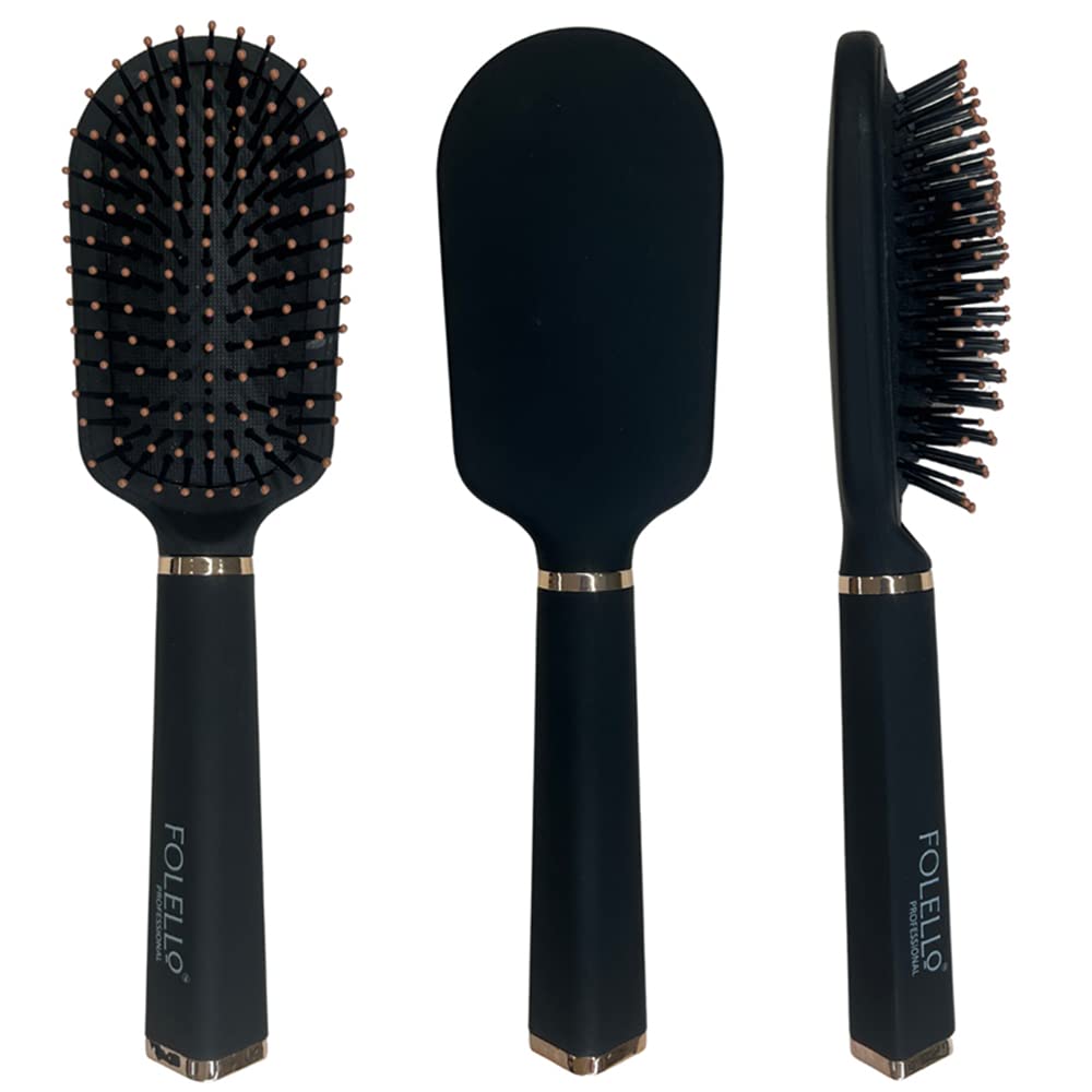 FOLELLO Premium Round Paddle Hair Brush for Detangling & Smoothing - Ball-Tipped Bristles for All Hair Types - Perfect for Men & Women at Home, Travel & Salon Styling