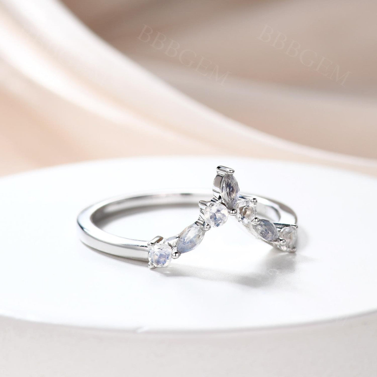 14K White Gold Marquise & Round Moonstone Stacking Wedding Band for Women - 7 Stone Curved Ring for Engagement, Anniversary & Everyday Wear