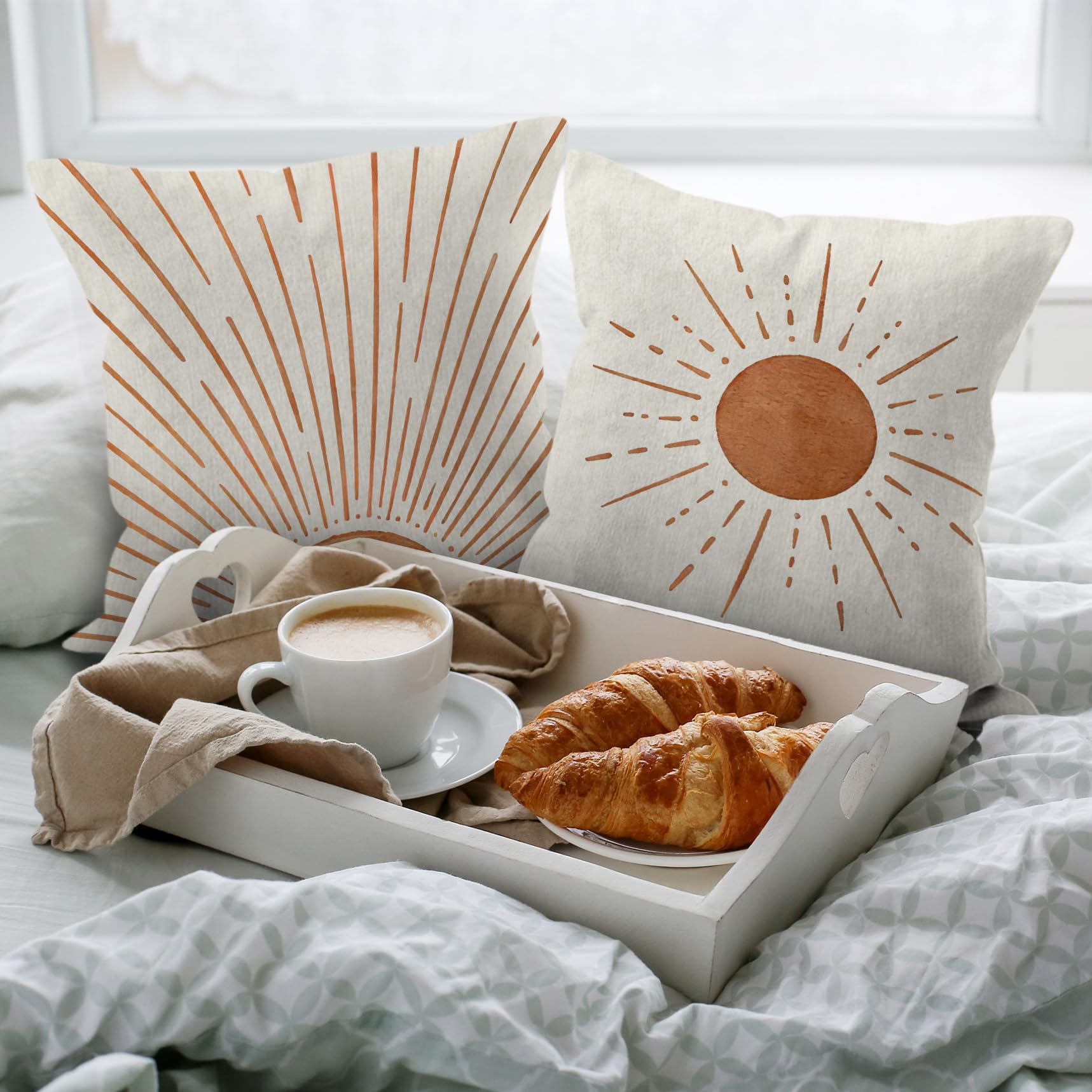Boho Sun Throw Pillow Covers 18x18 Set of 2 - Orange Bohemian Decorative Pillows for Couch, Bed & Home Decor - Soft Sunshine Design for Living Room, Nursery & Bohemian Style Spaces