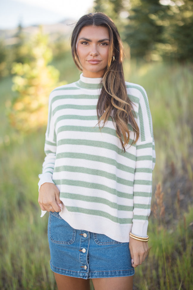 Keep On Shining Olive & Cream Striped Turtleneck Sweater for Women | Cozy Winter Pullover | Perfect for Office Wear & Casual Outings
