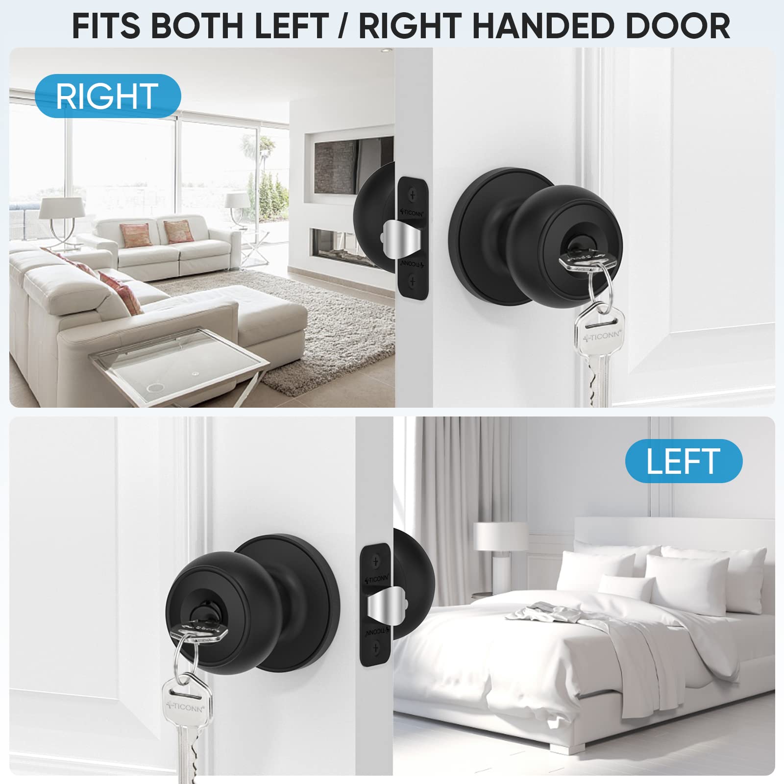 TICONN Round Door Knob with Deadbolt - Matte Black for Bedroom & Bathroom Doors