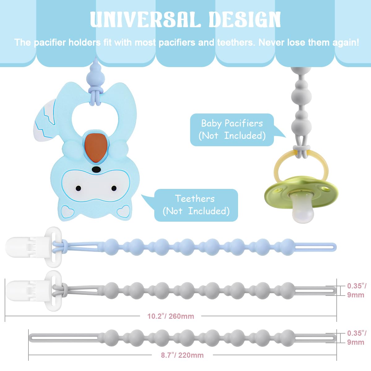 BEBOAN 2 Pack BPA Free Silicone Pacifier Clips for Babies - Soft Teething Necklace with Secure Clasp, Blue & Grey | Perfect for Soothing Teething Pain & Keeping Pacifiers Handy