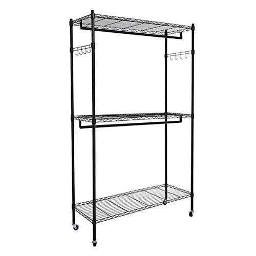 2-Tier Laundry Hamper & Closet Organizer with Garment Rack, Clothes Hanger Shelf & Hooks - Black | Space-Saving Storage for Bedroom, Dorm & Laundry Room