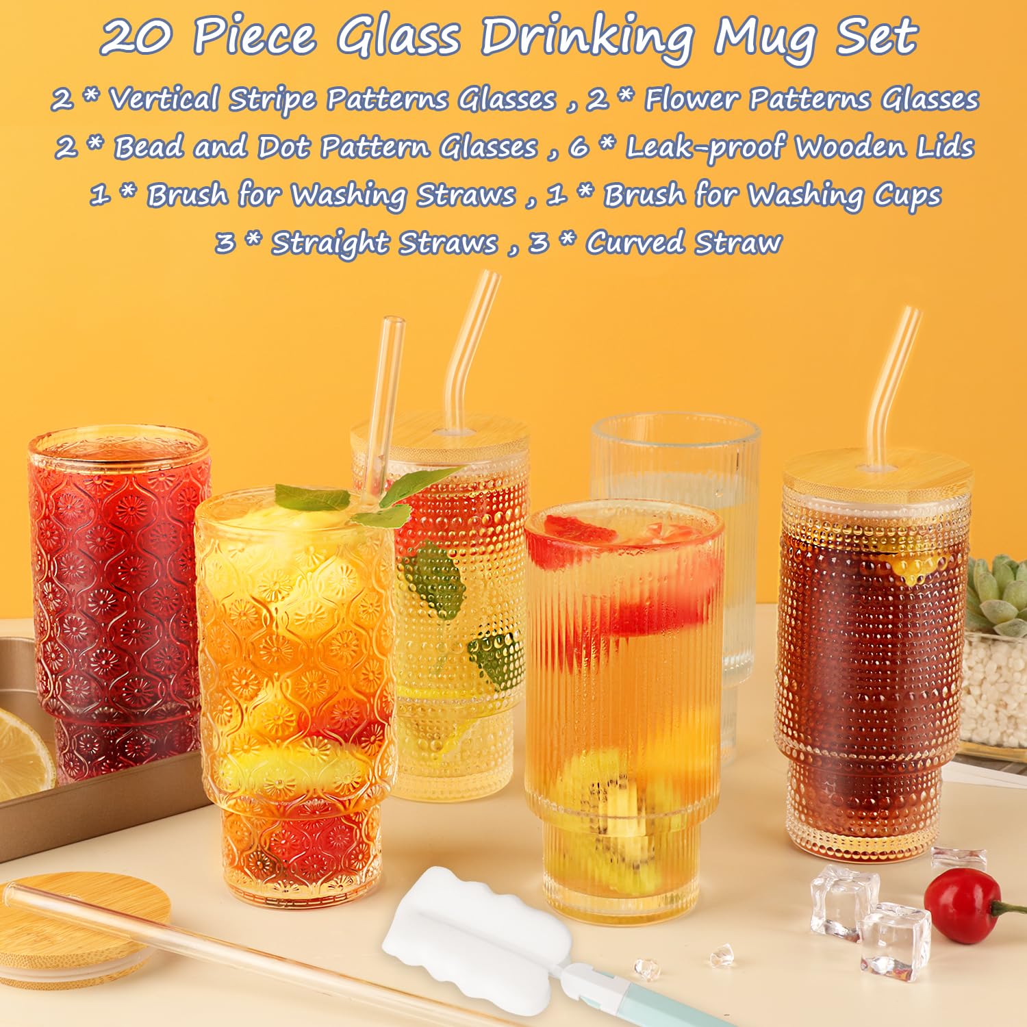 Gusnilo 6-Piece Set 11oz Glass Cups with Bamboo Lids & Straws - Stackable Vintage Hobnail Drinking Glasses for Coffee, Tea, Juice - Clear Glassware for Home, Restaurant, and Party Use (6Pcs)