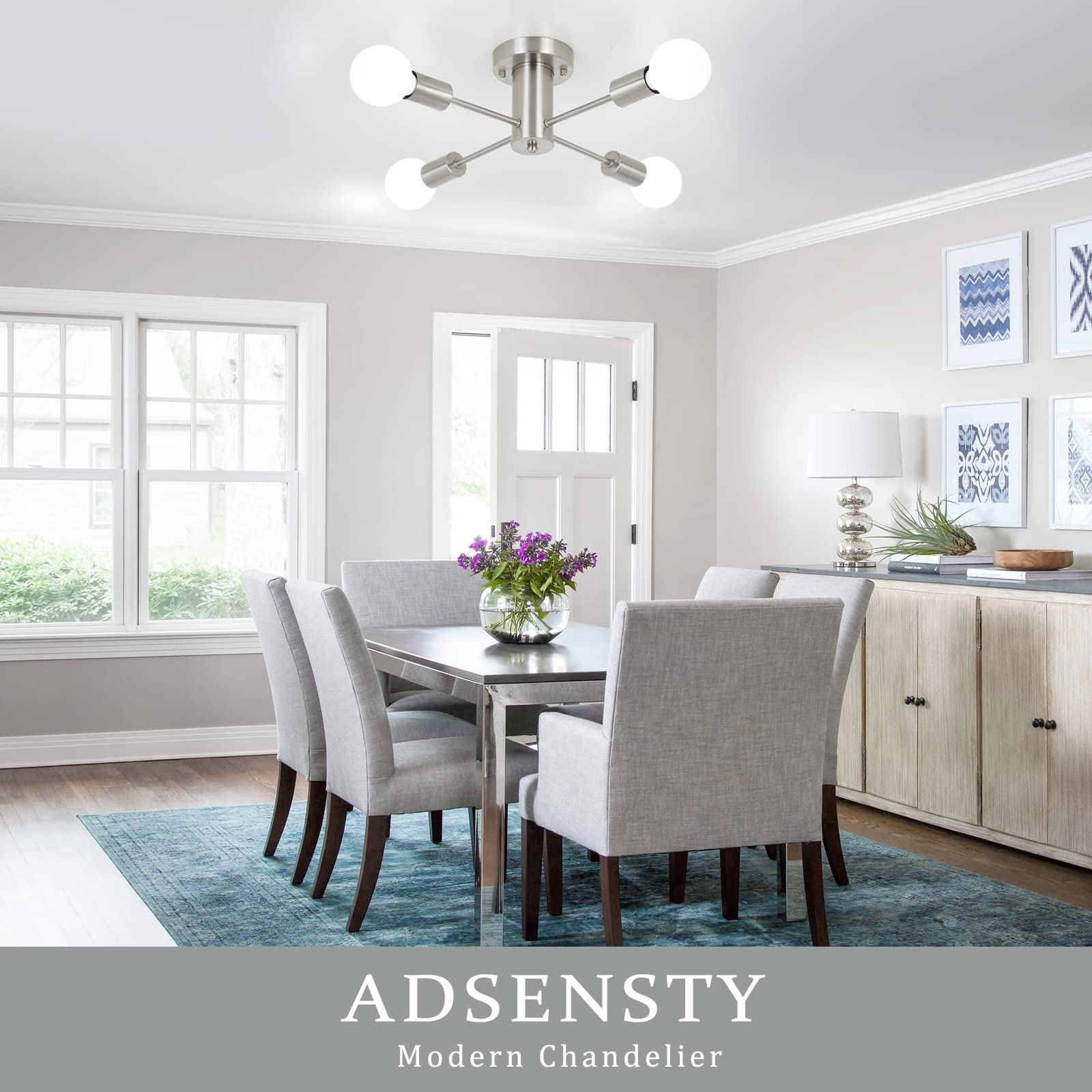 Brushed Nickel Semi Flush Mount Ceiling Light Fixture - 4-Light Farmhouse Chandelier with Chrome Accents for Kitchen, Dining Room, Living Room & Bedroom | Mid-Century Modern Design | Perfect for Farmhouse, Rustic & Contemporary Home Decor