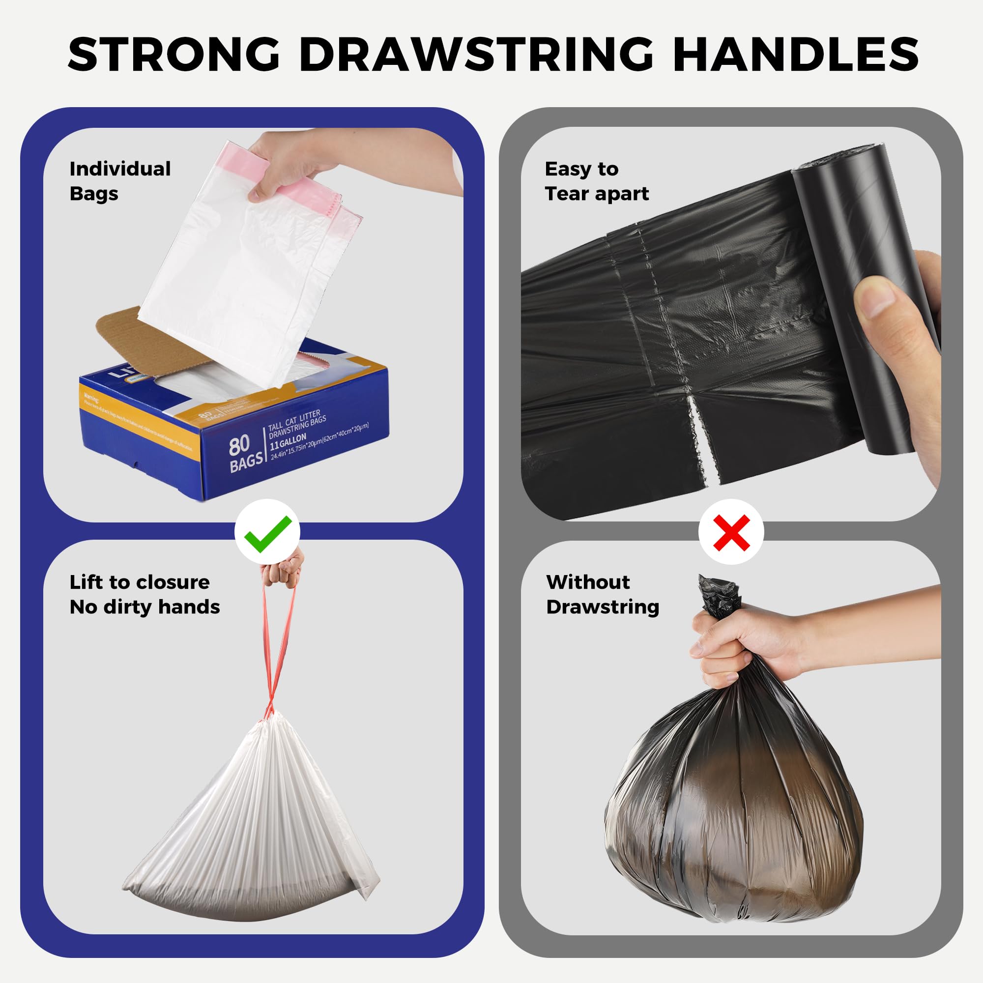80 Pack Drawstring Litter Liners for Self-Cleaning Cat Boxes - Thick Waste Bags Compatible with Litter Robot 3 & 4 | Odor Control Pet Waste Disposal | Perfect for Home, Kitchen Trash Cans & Automatic Litter Boxes