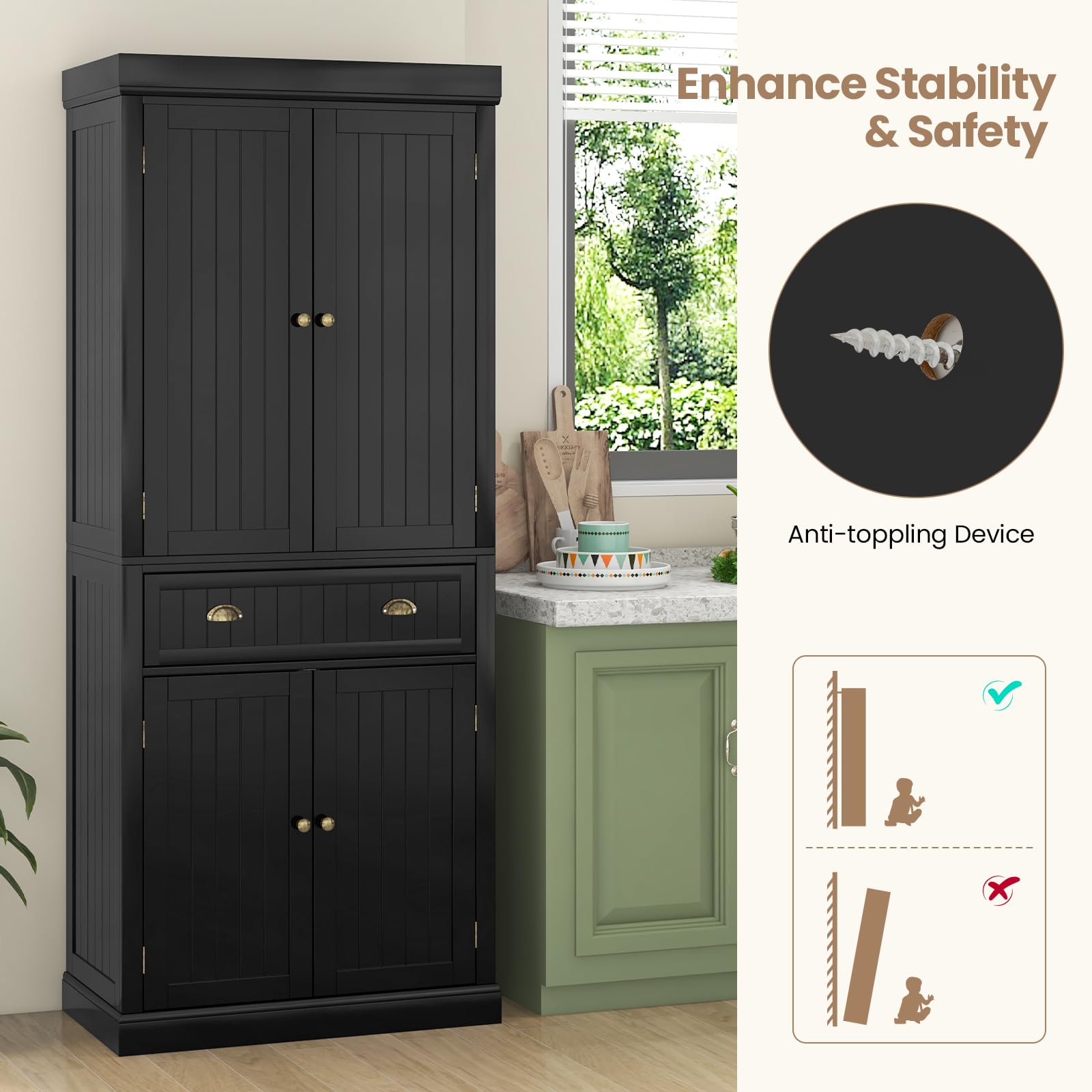 Freestanding Kitchen Pantry Cabinet - 6ft Tall Wood Storage Cupboard with 4 Adjustable Shelves, 2 Pantry Doors & 1 Drawer - Black Utility Organizer for Kitchen, Bathroom, Living Room & Hallway - Perfect for Small Space Storage & Home Organization