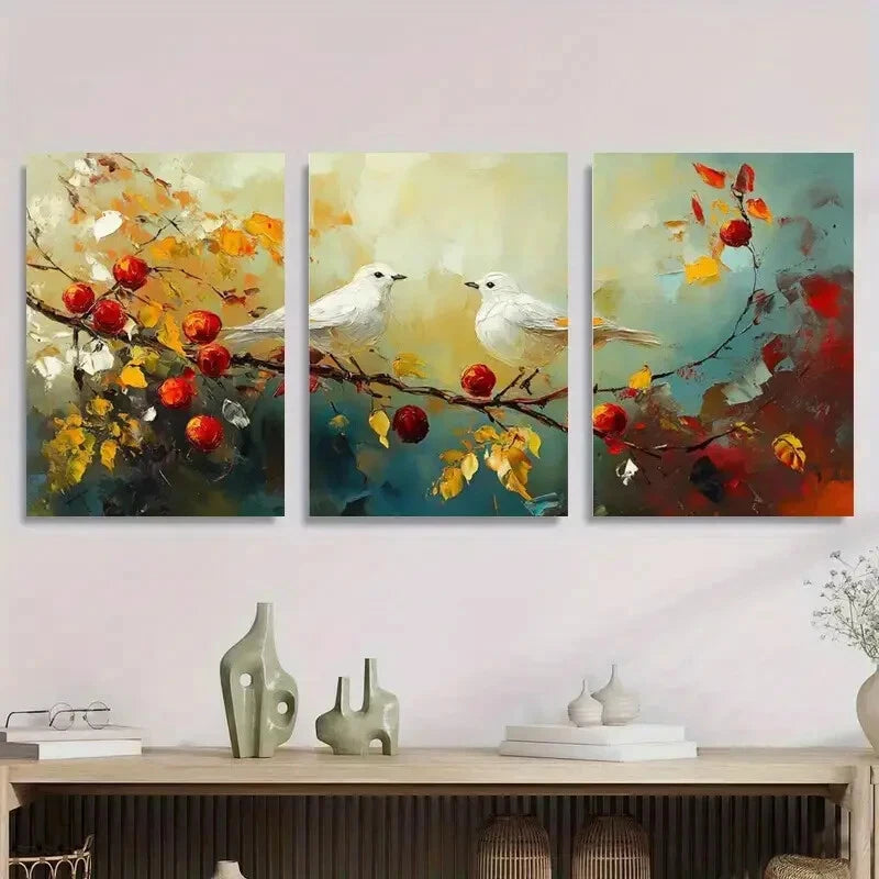 3-Piece Abstract Bird and Apple Blossom Metal Wall Art - Ready to Hang Modern Home Decor for Living Room, Bedroom, Office & Gifts