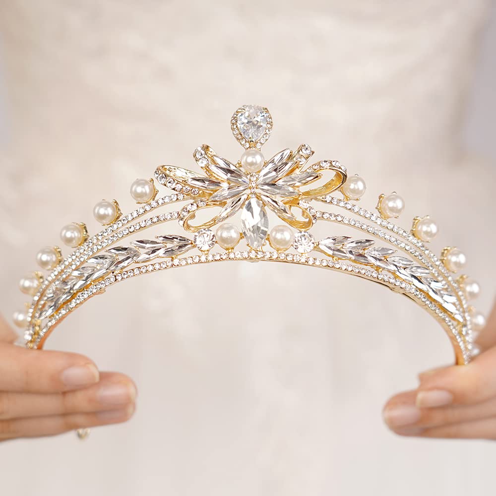 JWICOS Gold Pearl Tiara Crown for Women - Crystal Bridal Headpiece, Wedding Tiara for Bride, Prom, Pageant, Special Occasions - Elegant Princess Accessory Gift (Gold) | Perfect for Weddings, Proms, Pageants, Birthday Parties & Photo Shoots