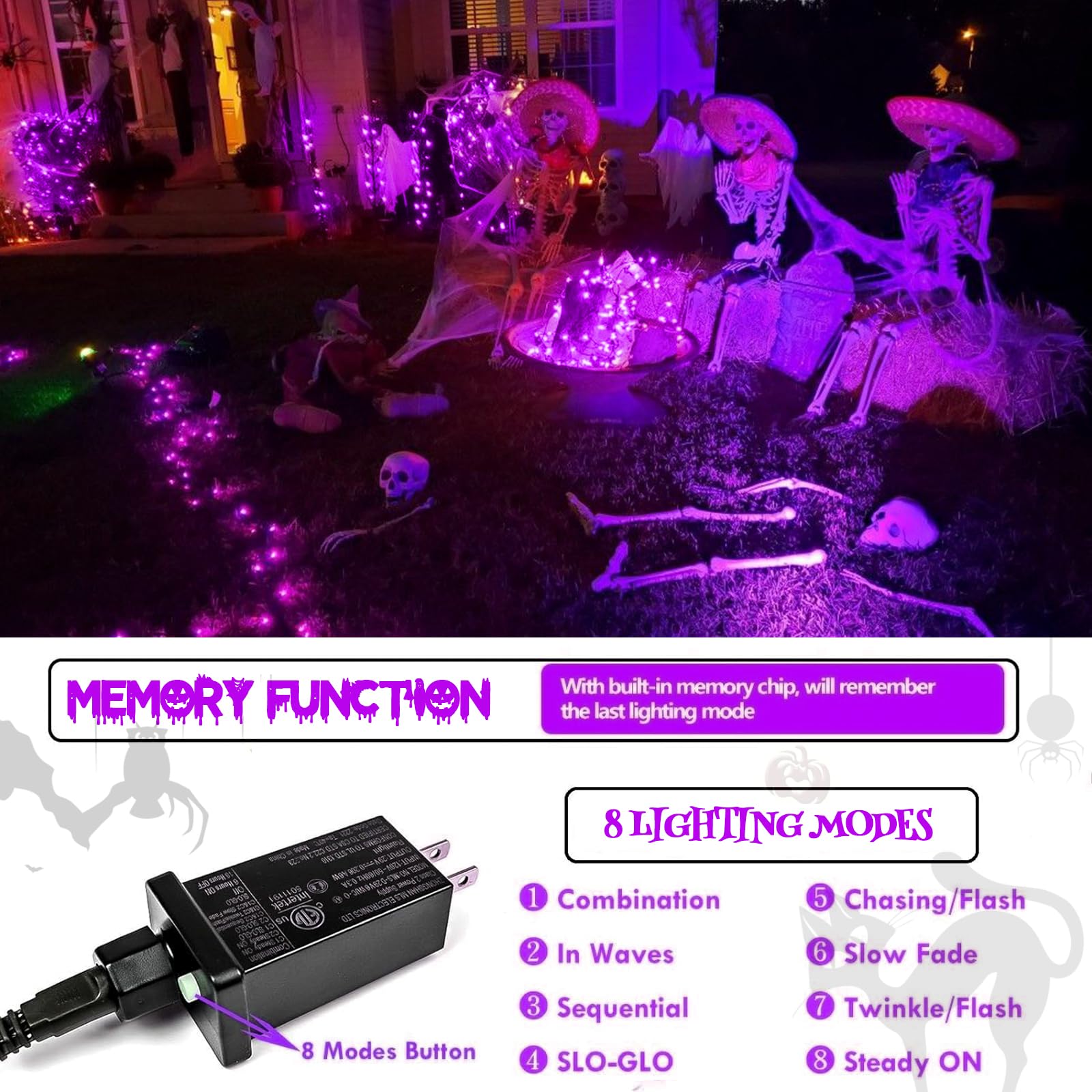 SANJICHA 200 LED Halloween String Lights - 66FT Purple for Indoor/Outdoor Decor, Party & Garden
