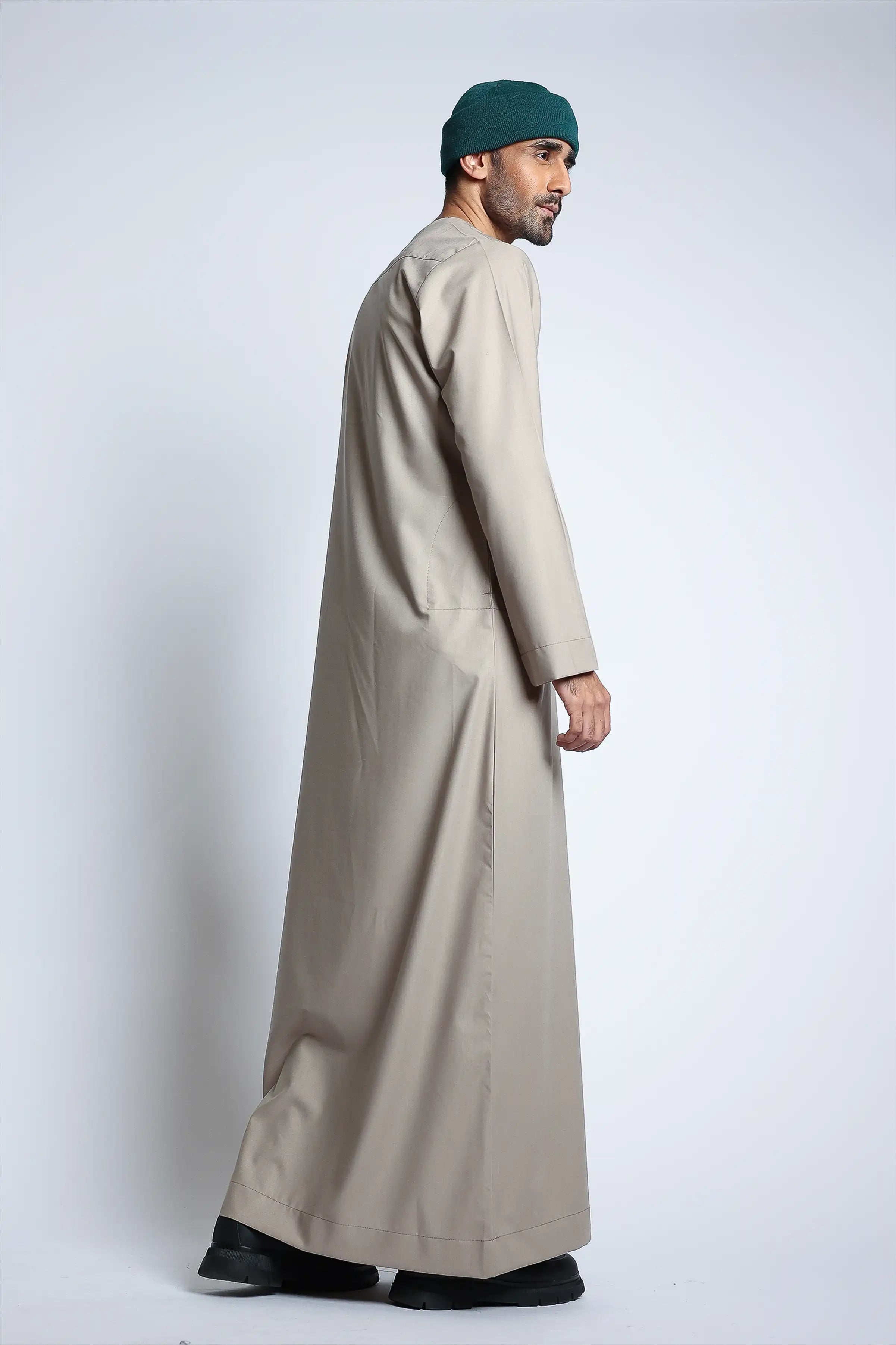 Light Almond Piping Thobe for Men - Traditional Islamic Jilbab with Embroidery - Perfect for Eid, Ramadan & Special Occasions