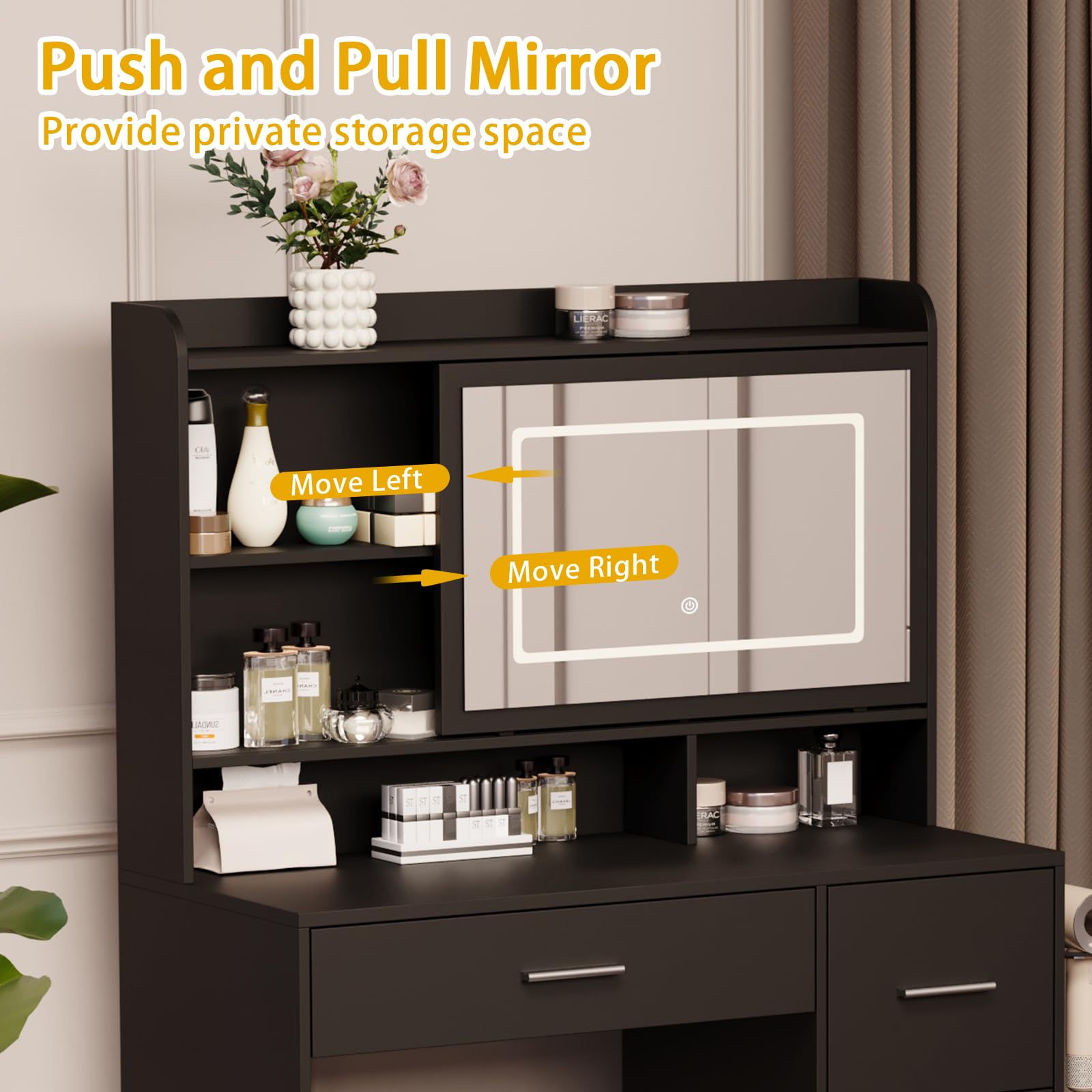 Vanity Desk with Mirror & LED Lights, Adjustable Lighting Modes, Power Outlet & Storage Drawers - Elegant Dressing Table with Stool for Bedroom, Makeup & Beauty (Black) | Perfect for Home Decor, Cosmetics Organization & Vanity Setup