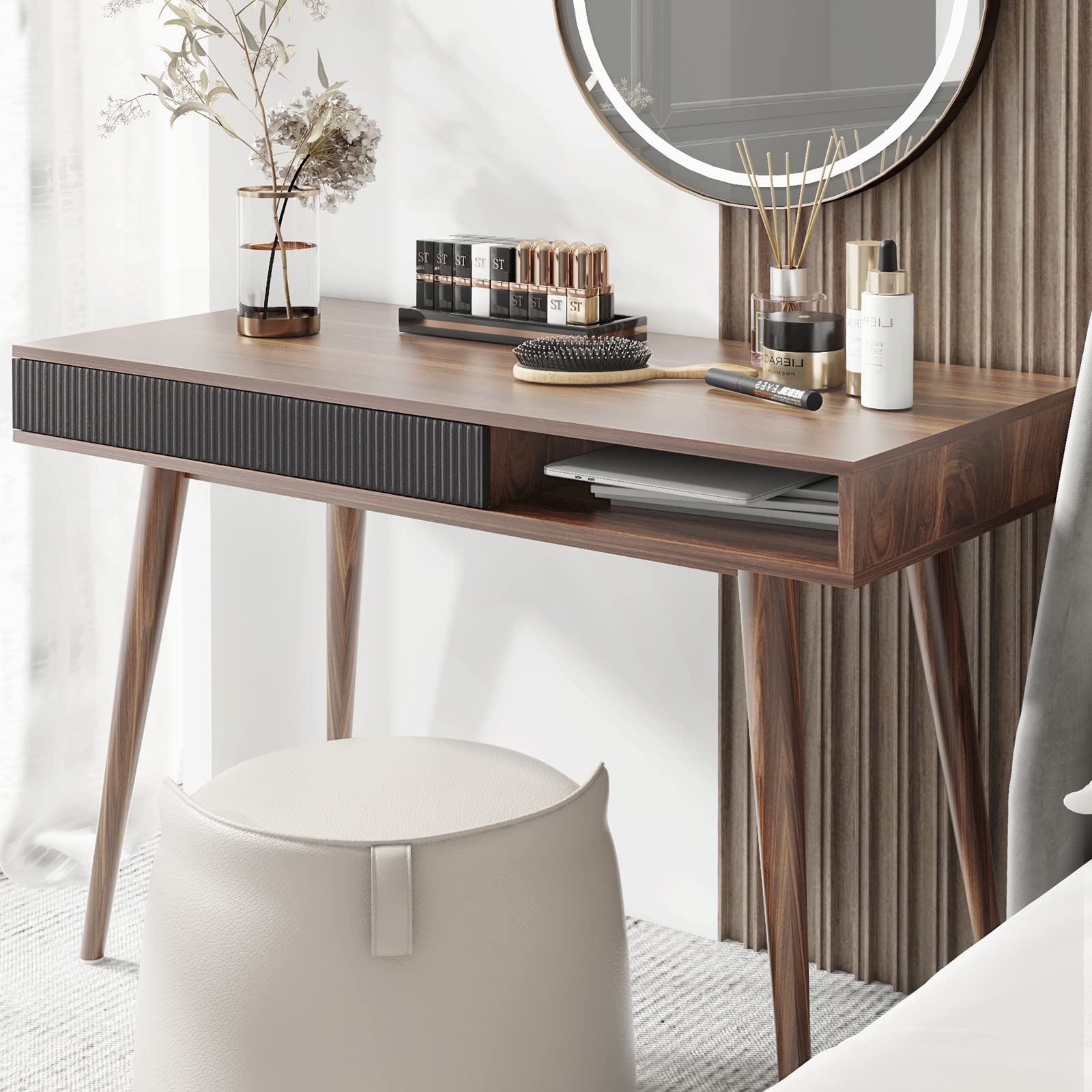 Mid Century Modern Writing Desk with Drawer - Walnut Home Office Desk, Simple & Stylish Workspace Solution for Small Spaces & Home Offices