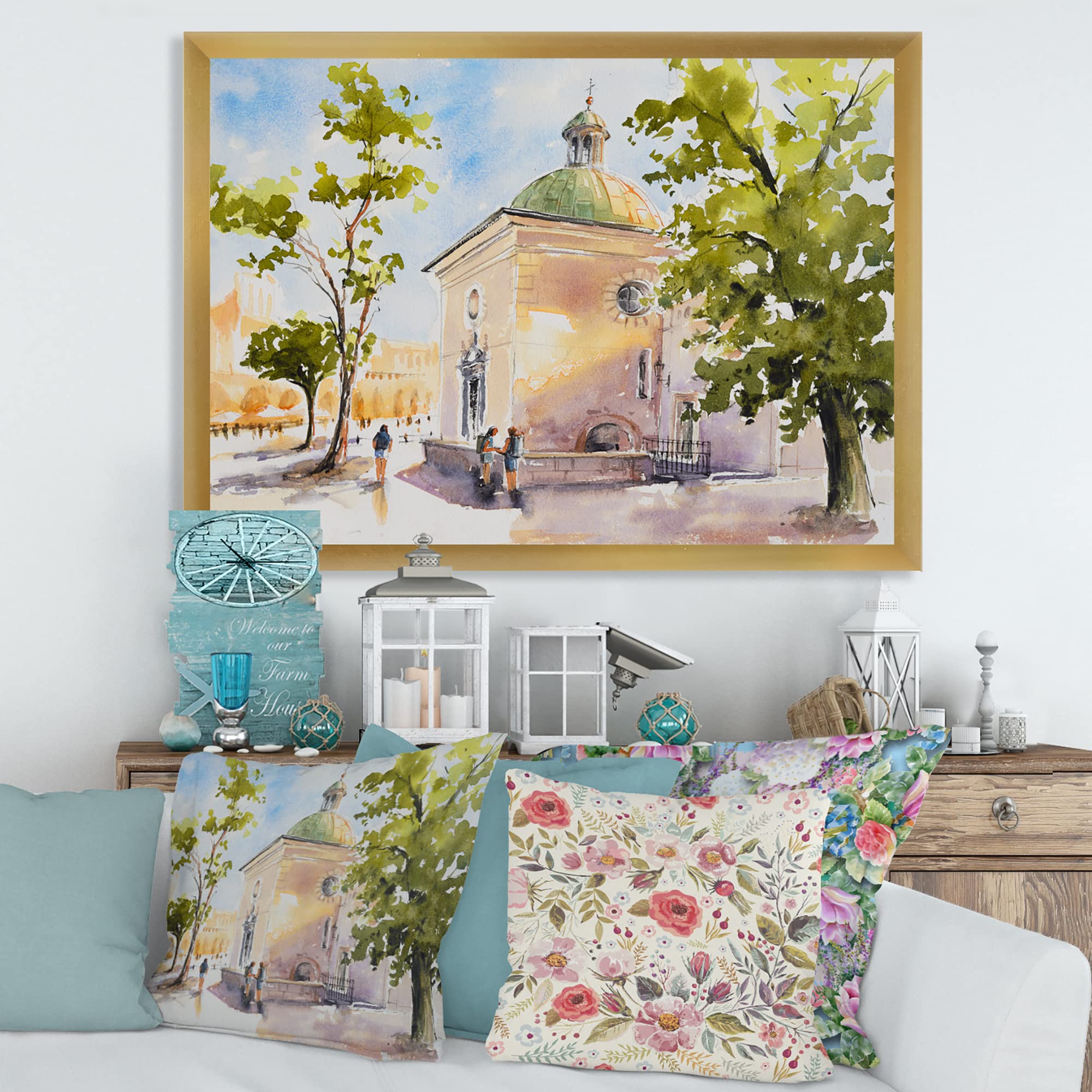Rustic Village Church Country Framed Wall Art - Farmhouse Decor for Living Room, Bedroom & Office
