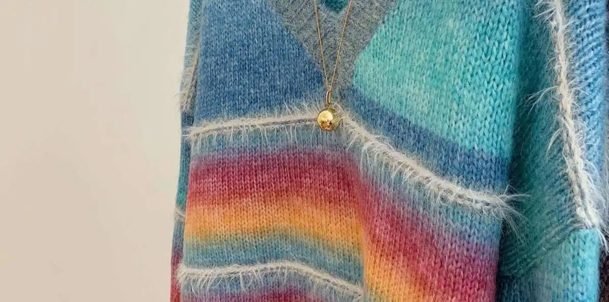 2024 Women's Rainbow Striped V-Neck Knit Sweater - Korean Fashion Loose Pullover for Autumn & Winter | Trendy Long Sleeve Top for Casual Wear, Office & Date Nights