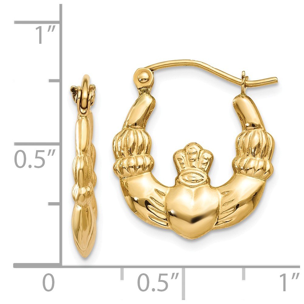 14K Yellow Gold Polished Claddagh Hoop Earrings - 10mm x 2mm Irish Celtic Love Knot Jewelry - Perfect for St. Patrick's Day, Weddings & Gifts